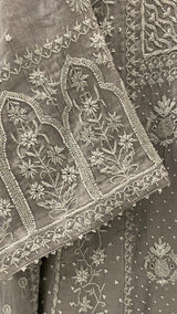 Grey silver tissue chikankari Anarkali set
