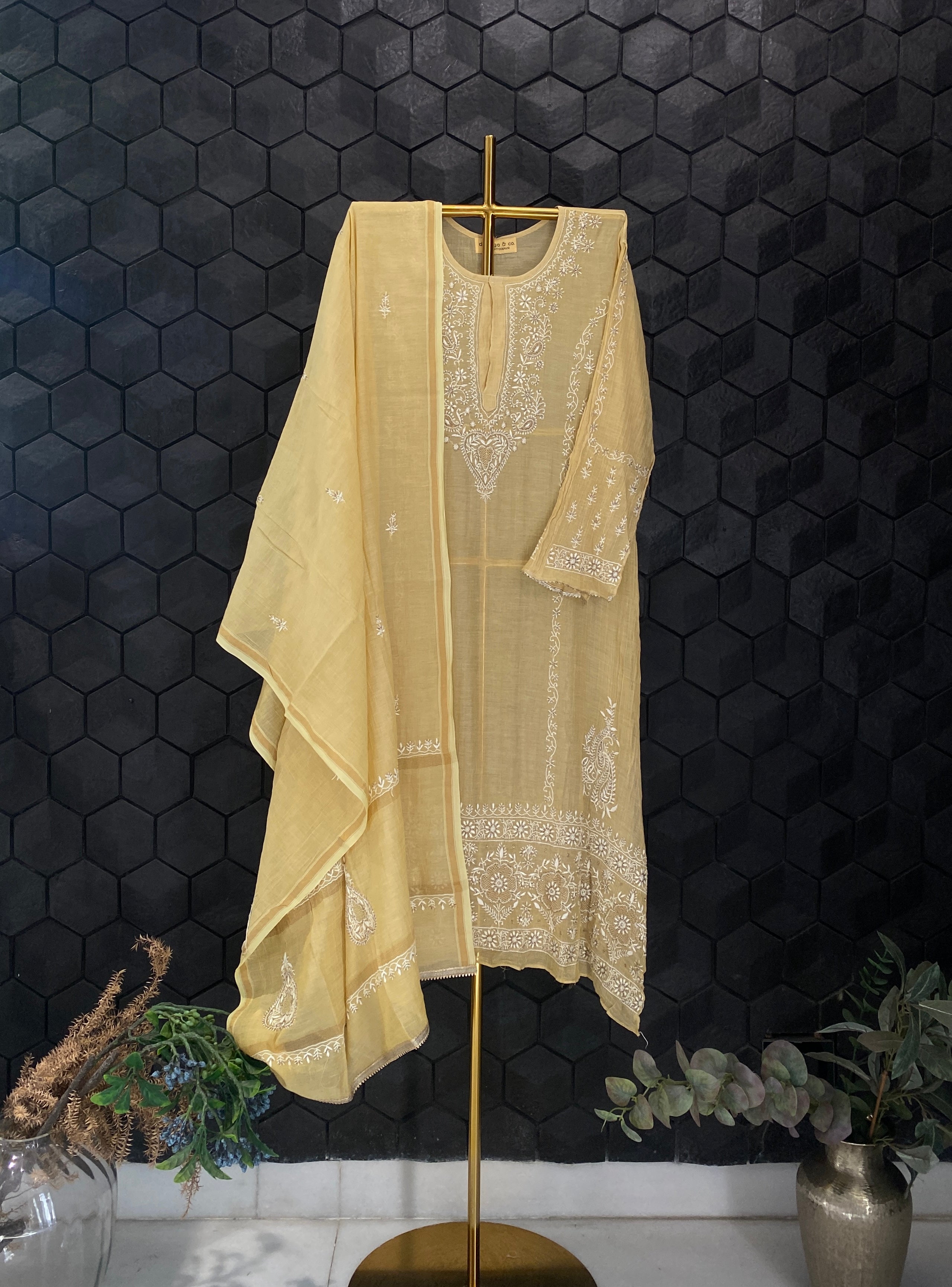 Yellow Zari Tissue Chikankari Kurta Set