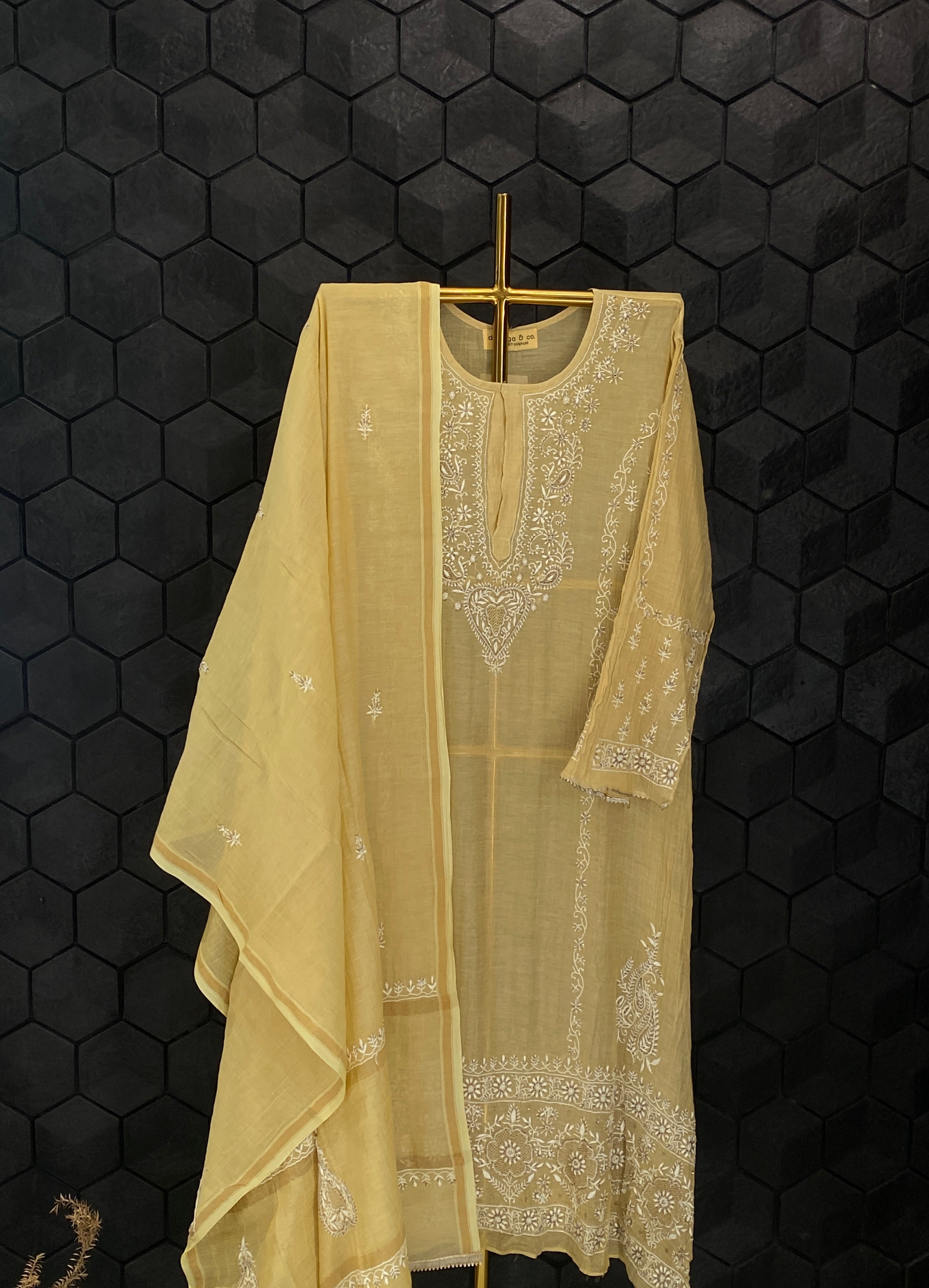 Yellow Zari Tissue Chikankari Kurta Set