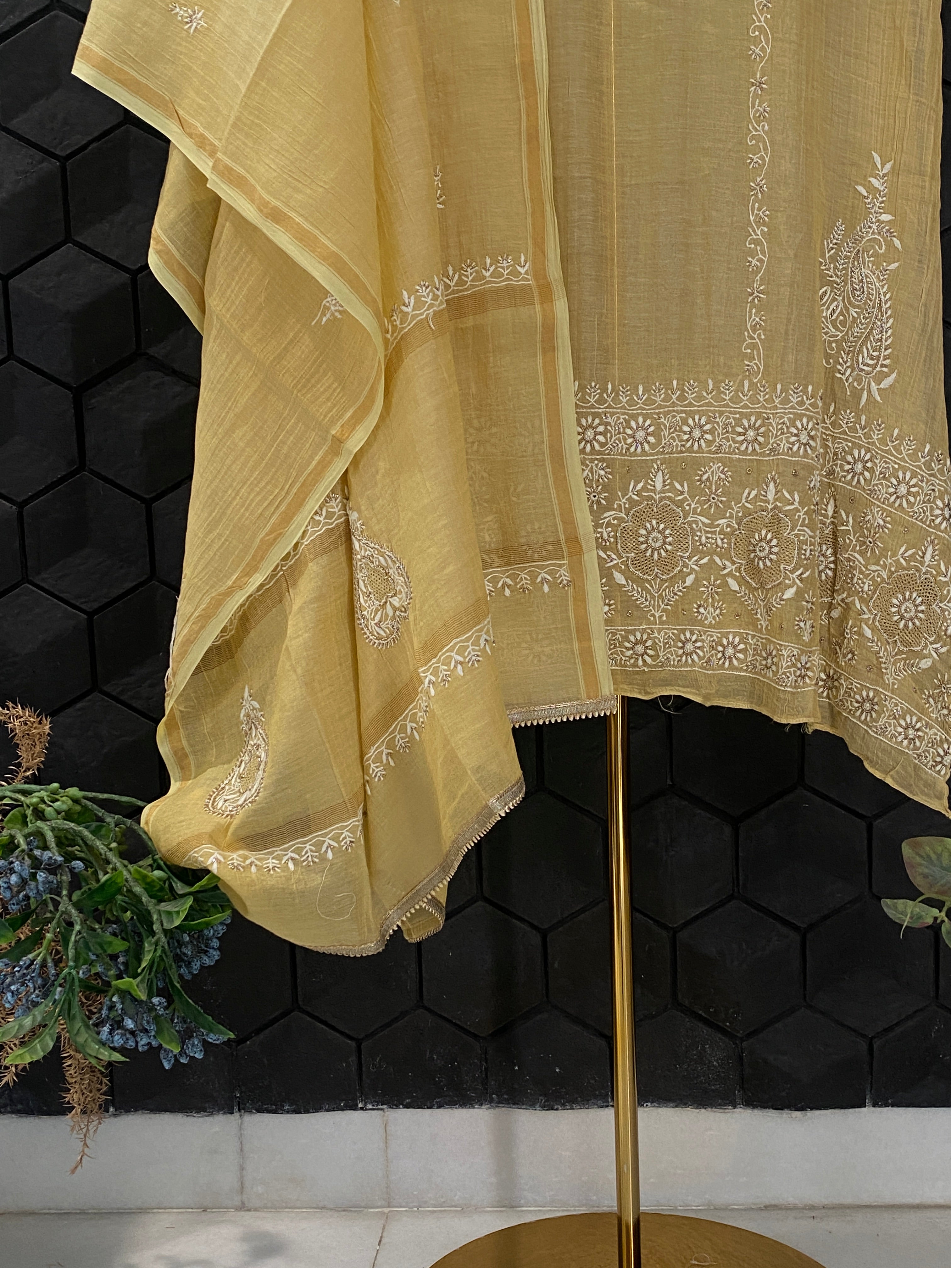 Yellow Zari Tissue Chikankari Kurta Set