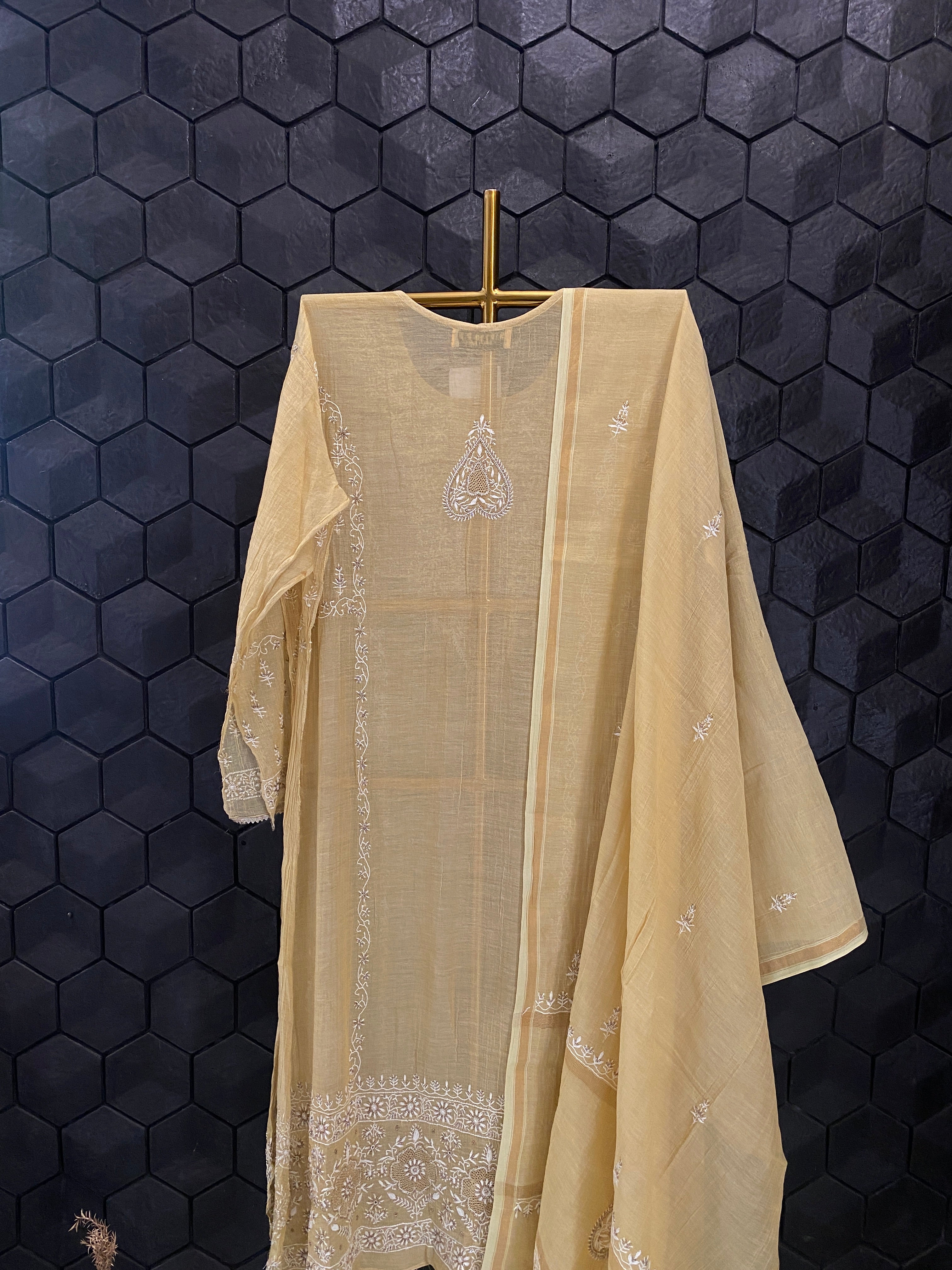 Yellow Zari Tissue Chikankari Kurta Set