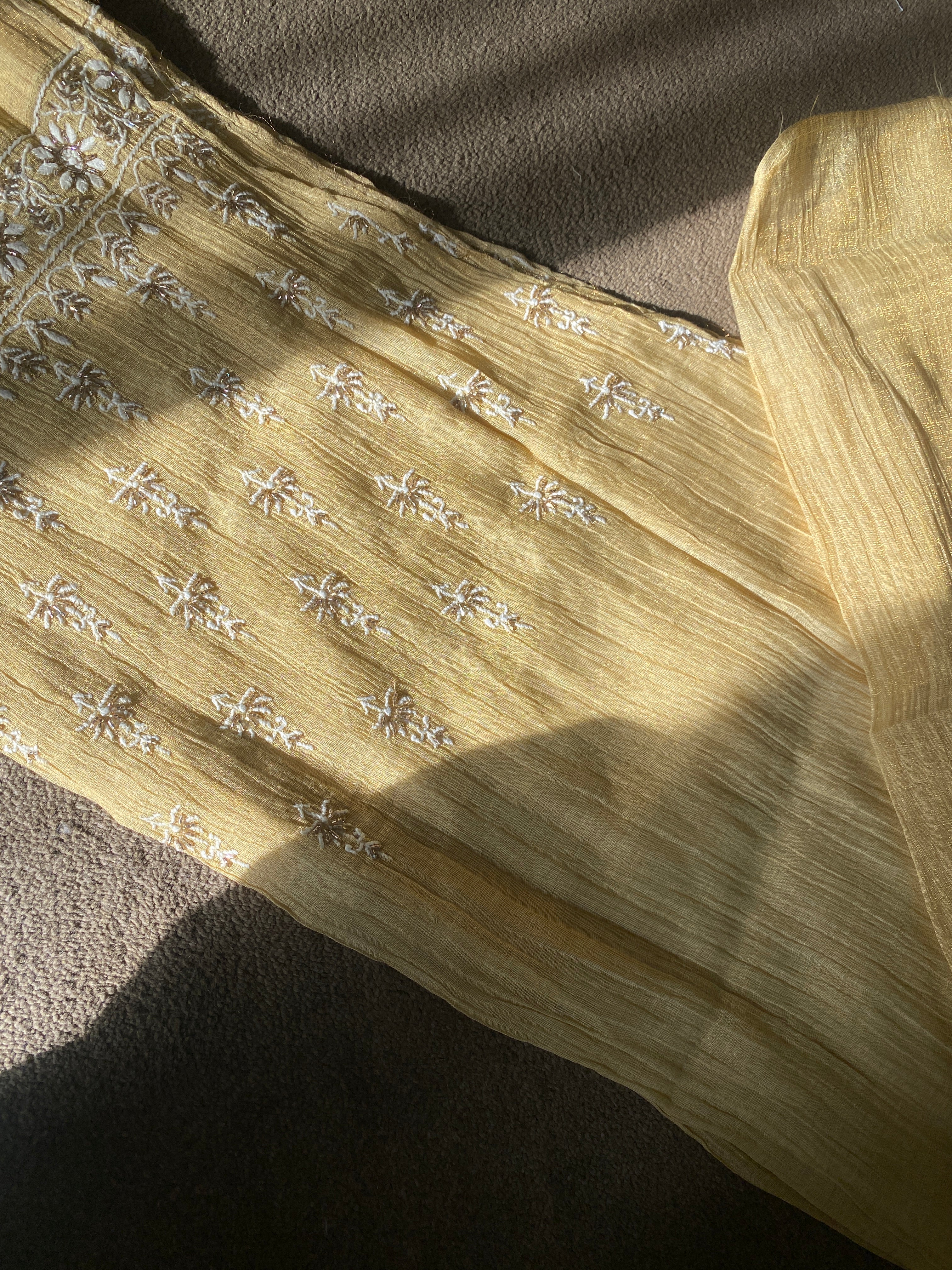 Yellow Zari Tissue Chikankari Kurta Set