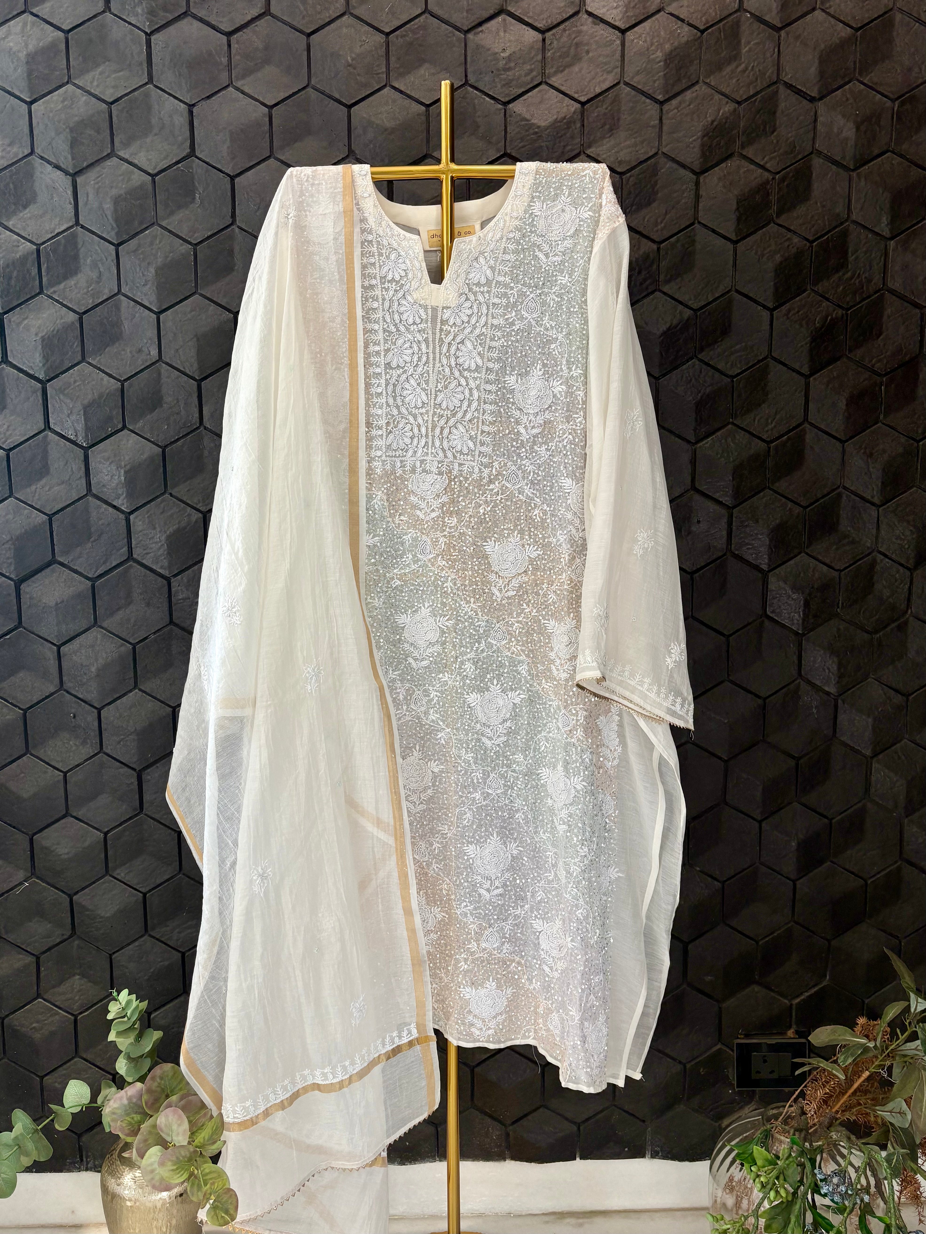 White Mul Chanderi Chikankari Kurta Set with multicolour sequins work