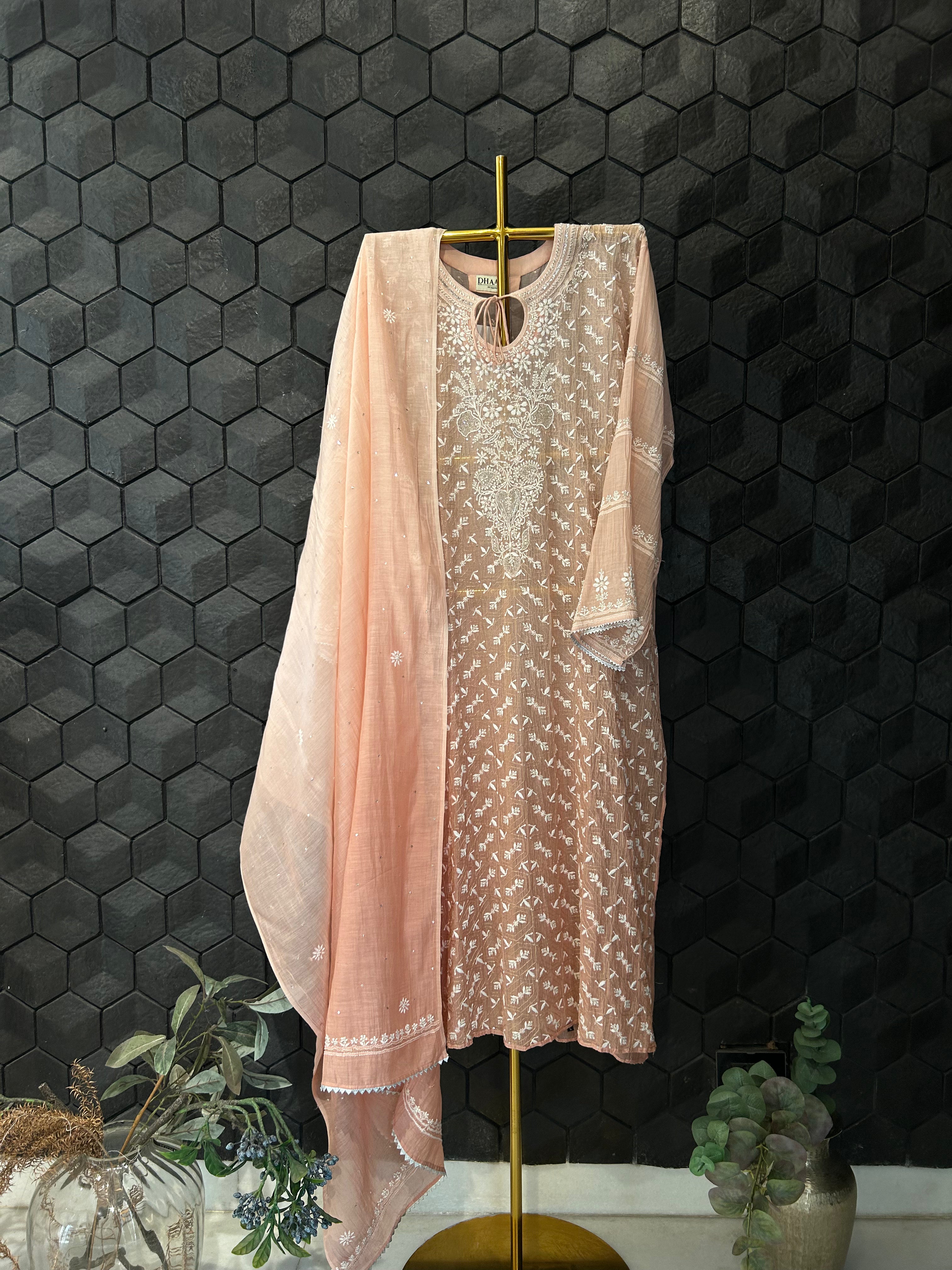Peach mul chanderi chikankari kurta set