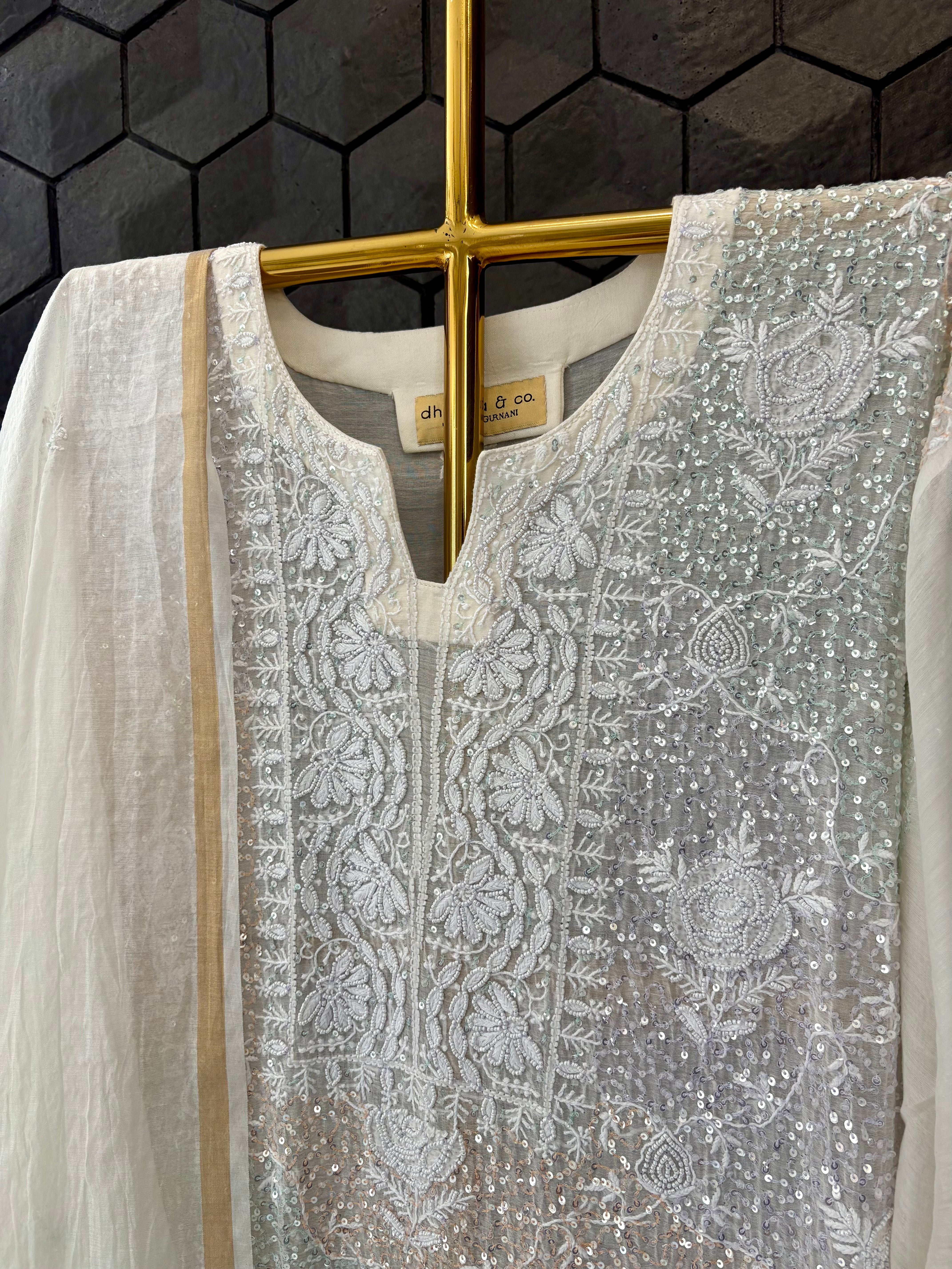 White Mul Chanderi Chikankari Kurta Set with multicolour sequins work