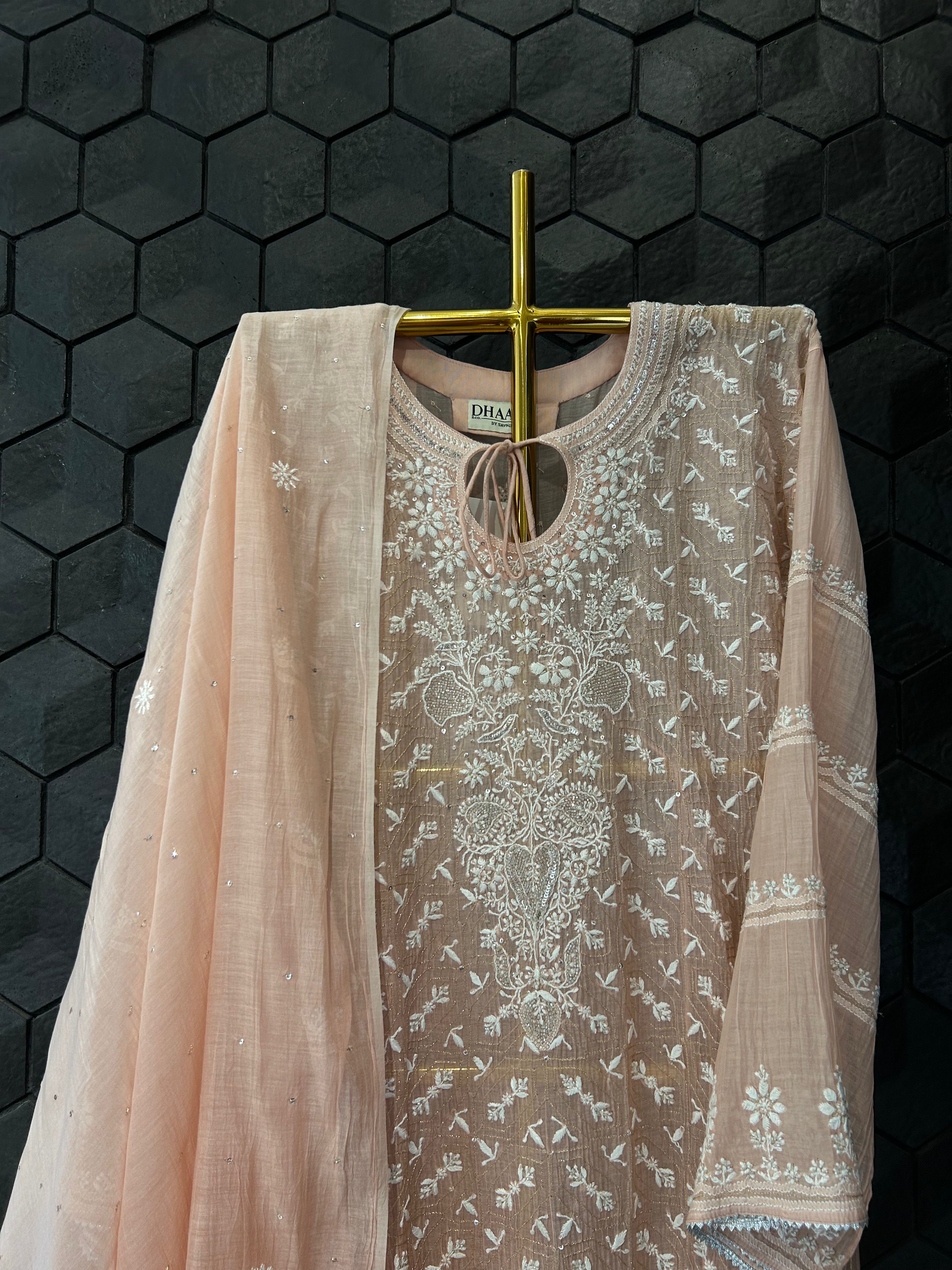 Peach mul chanderi chikankari kurta set