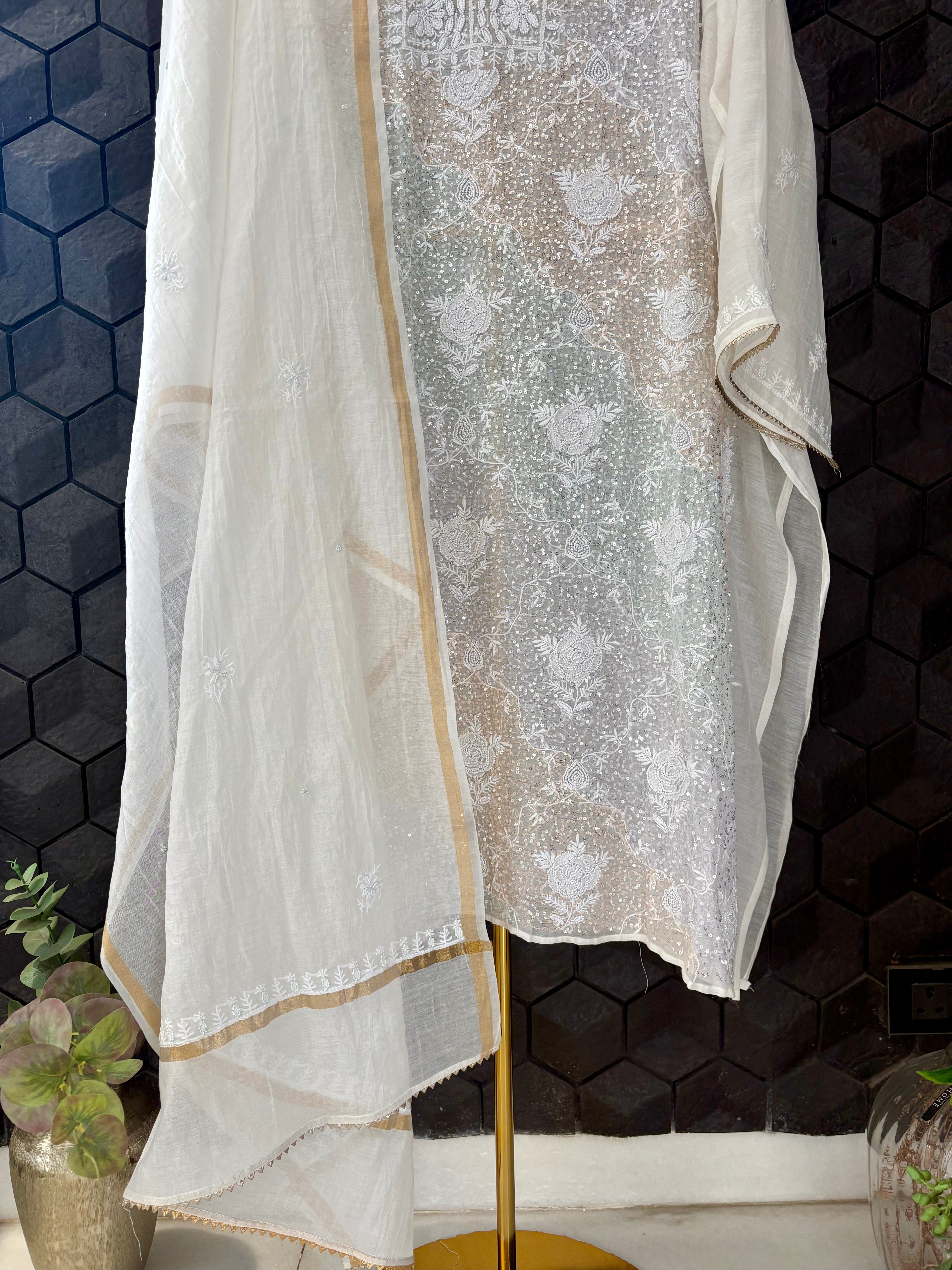 White Mul Chanderi Chikankari Kurta Set with multicolour sequins work
