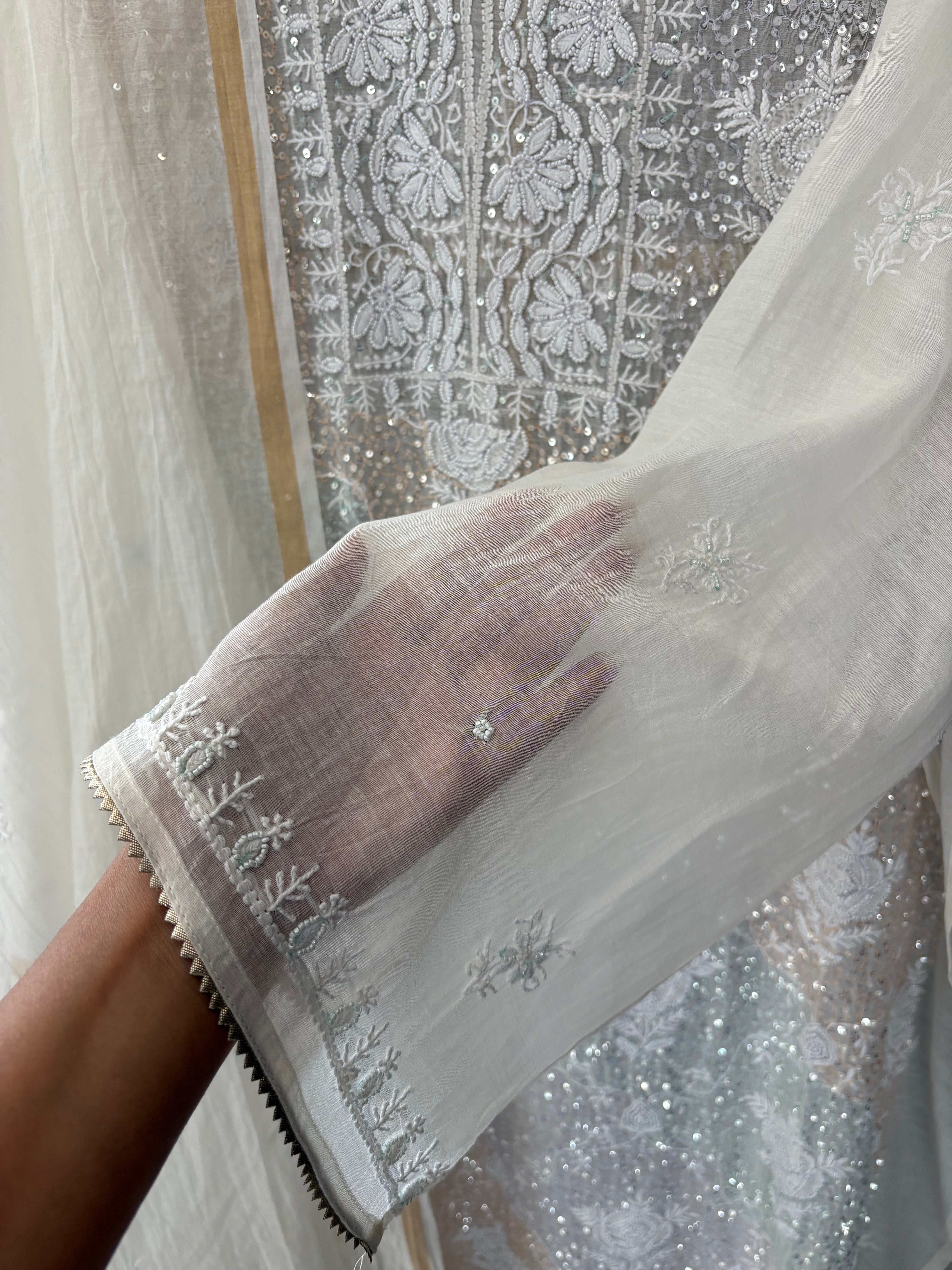 White Mul Chanderi Chikankari Kurta Set with multicolour sequins work