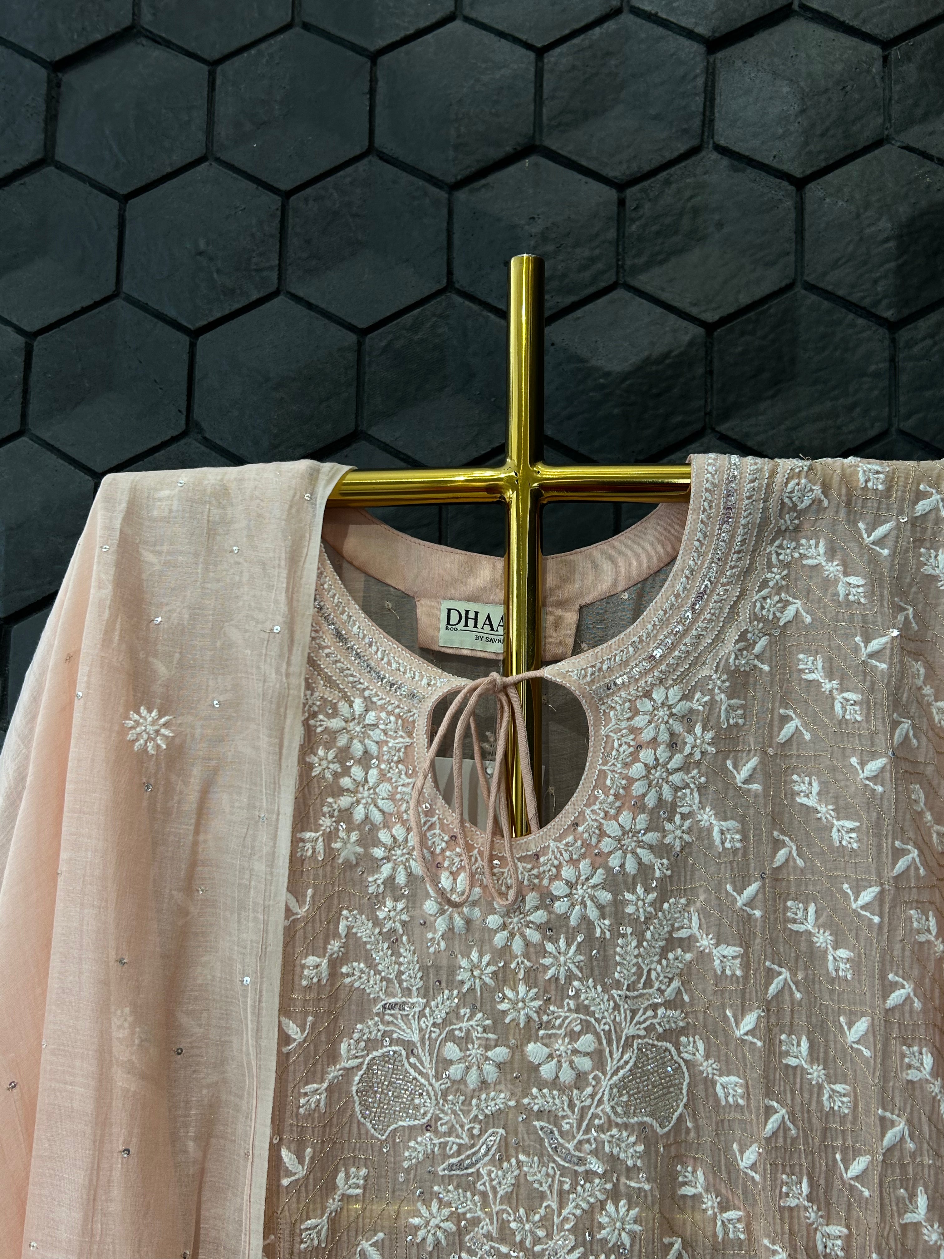 Peach mul chanderi chikankari kurta set