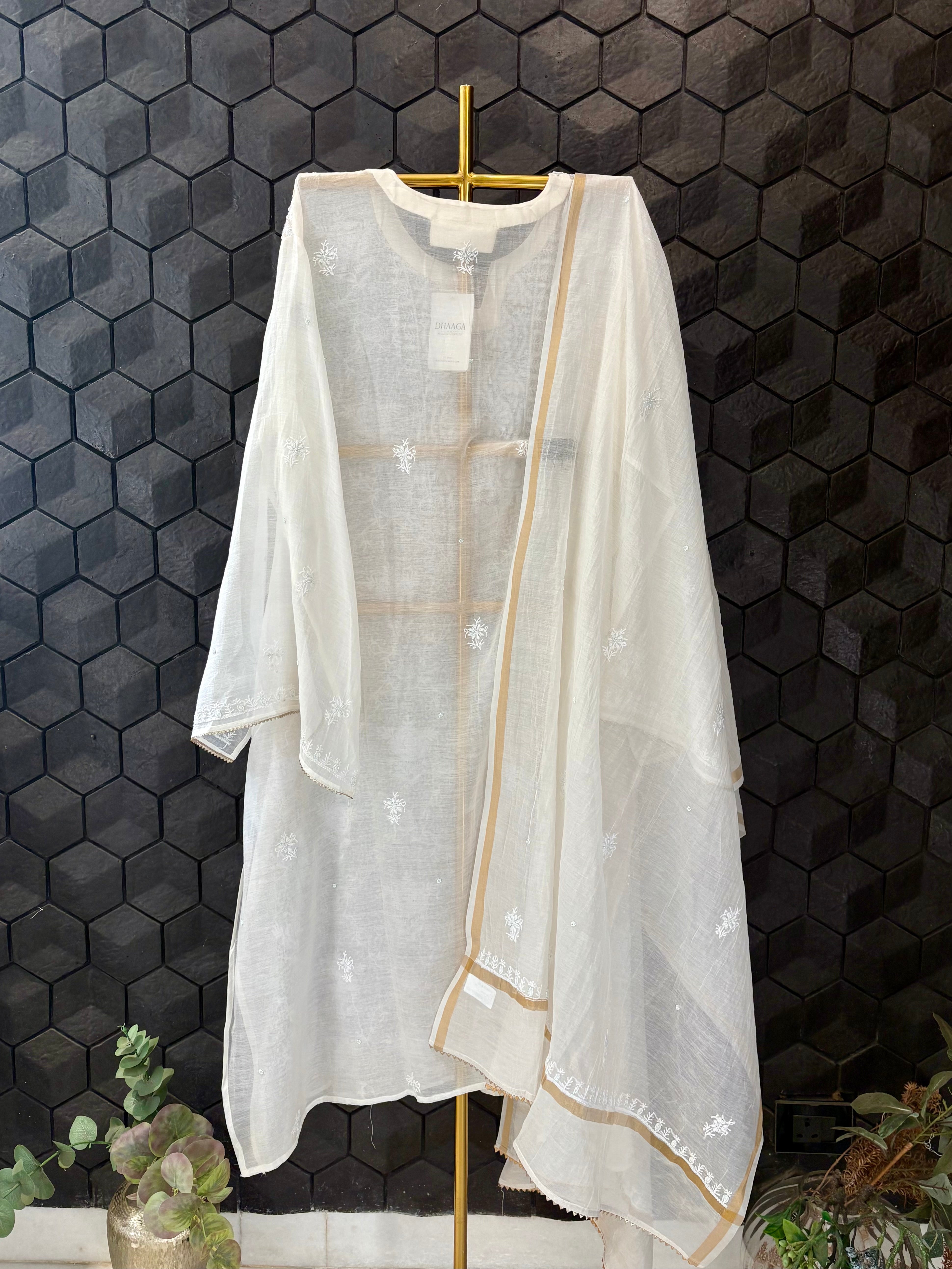 White Mul Chanderi Chikankari Kurta Set with multicolour sequins work