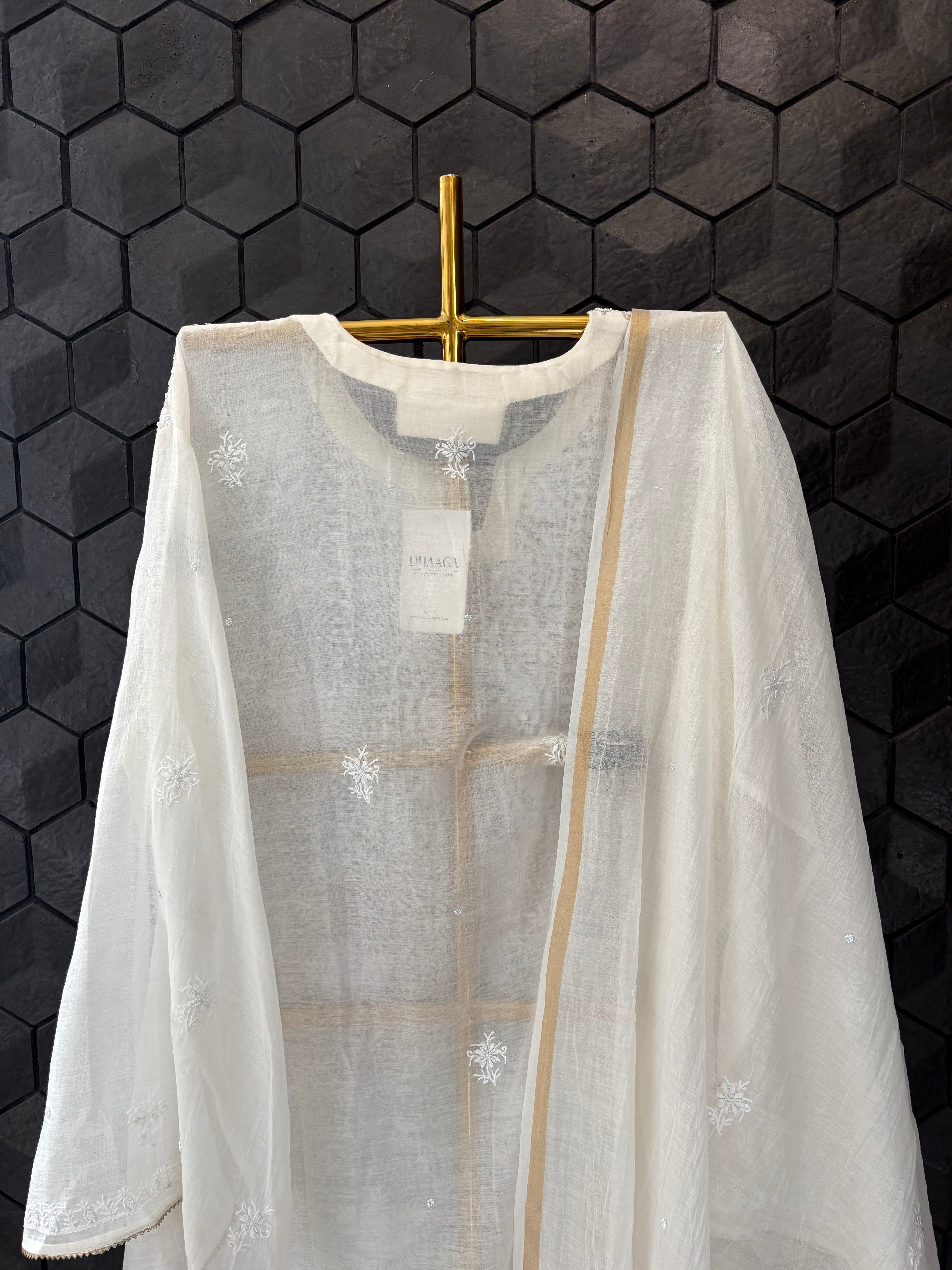 White Mul Chanderi Chikankari Kurta Set with multicolour sequins work