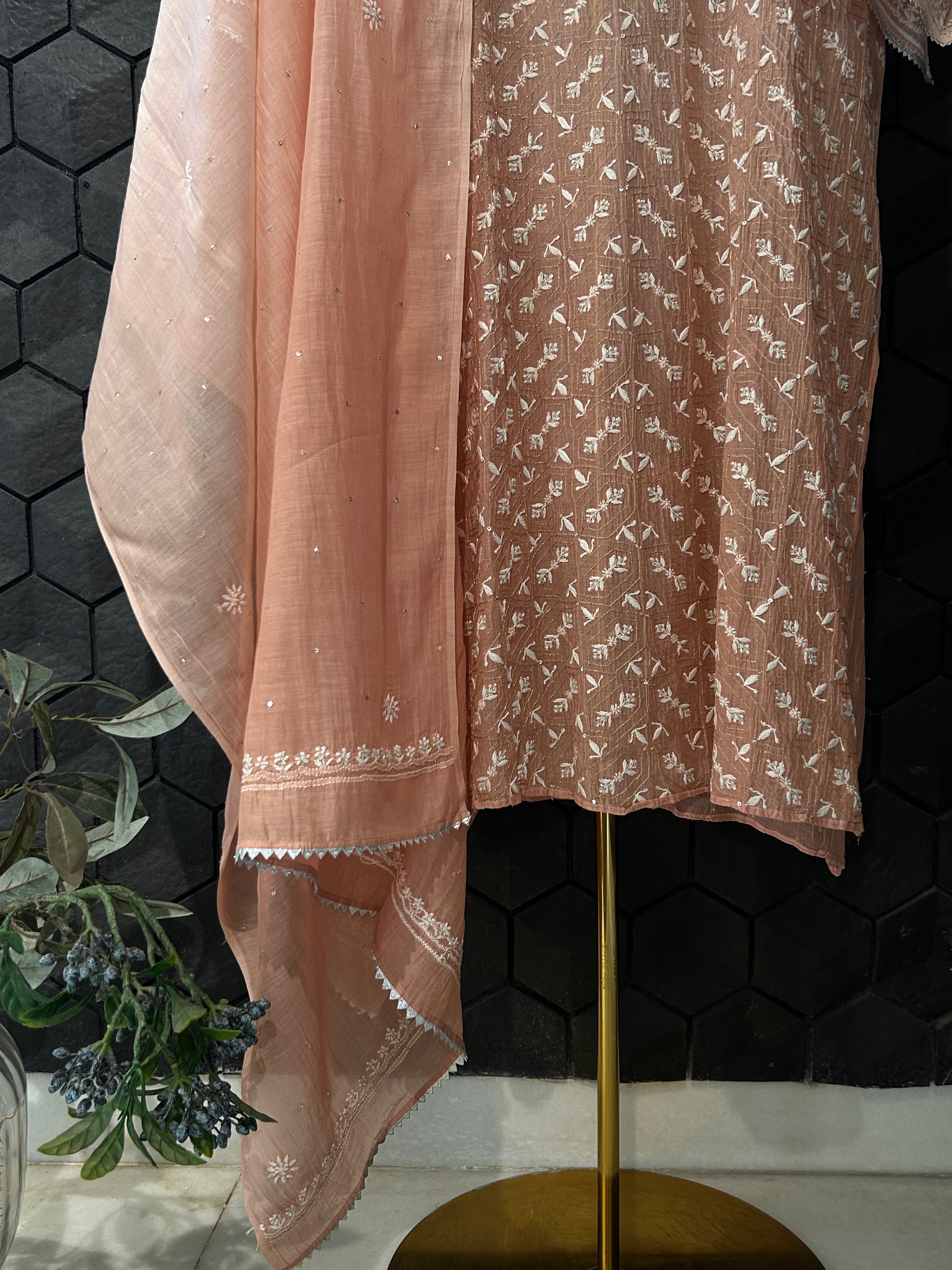 Peach mul chanderi chikankari kurta set