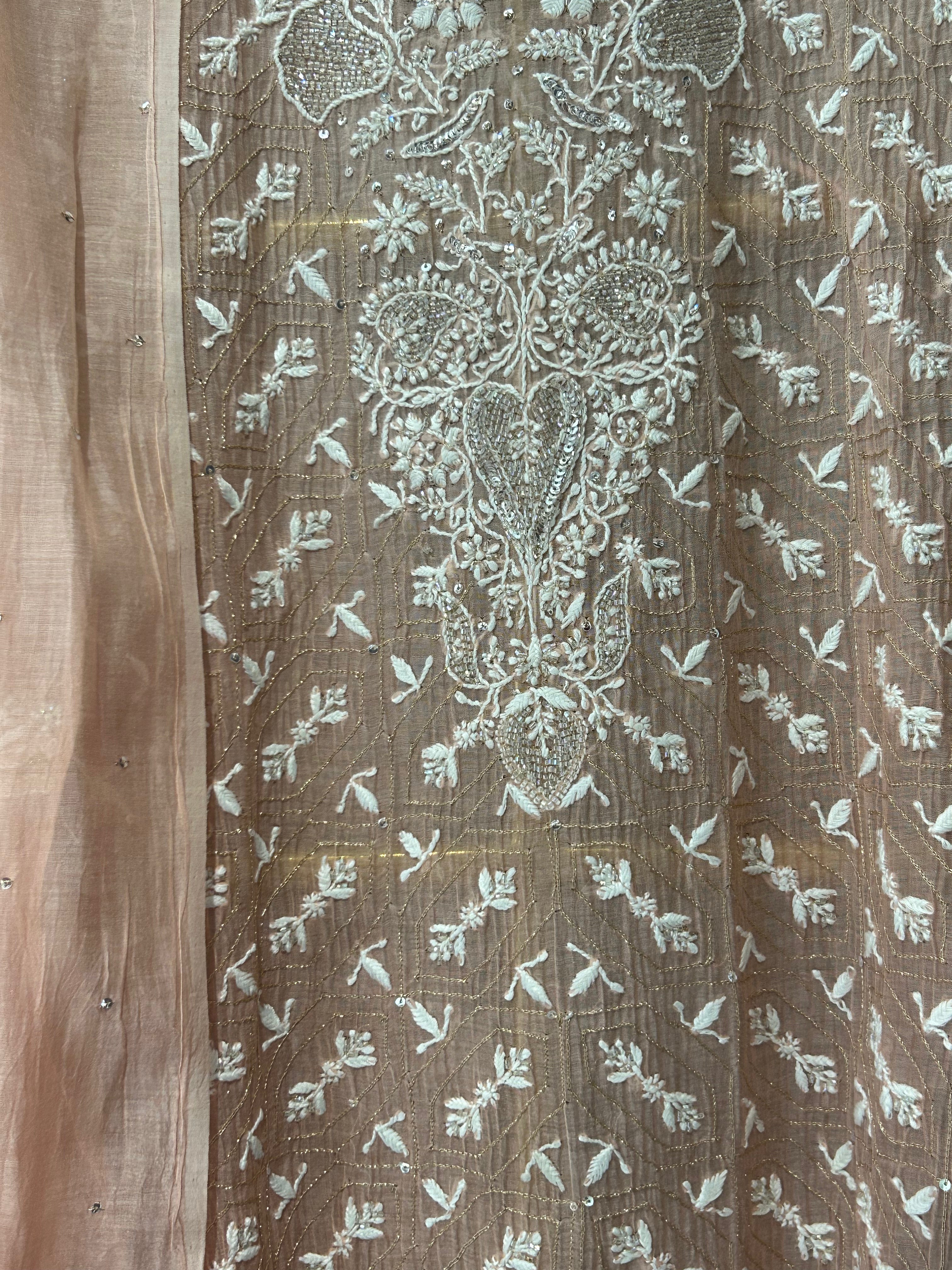 Peach mul chanderi chikankari kurta set