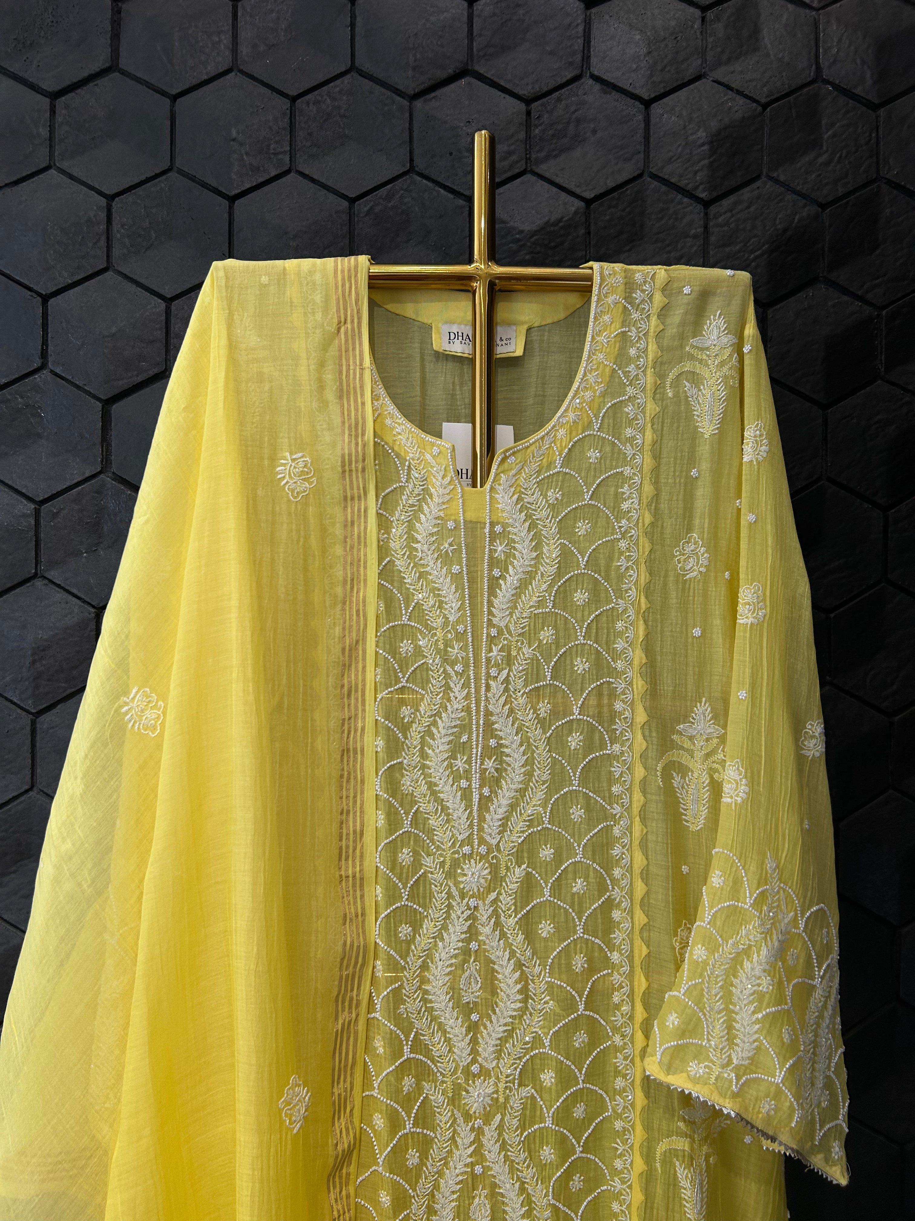 Yellow mul chanderi chikankari kurta set