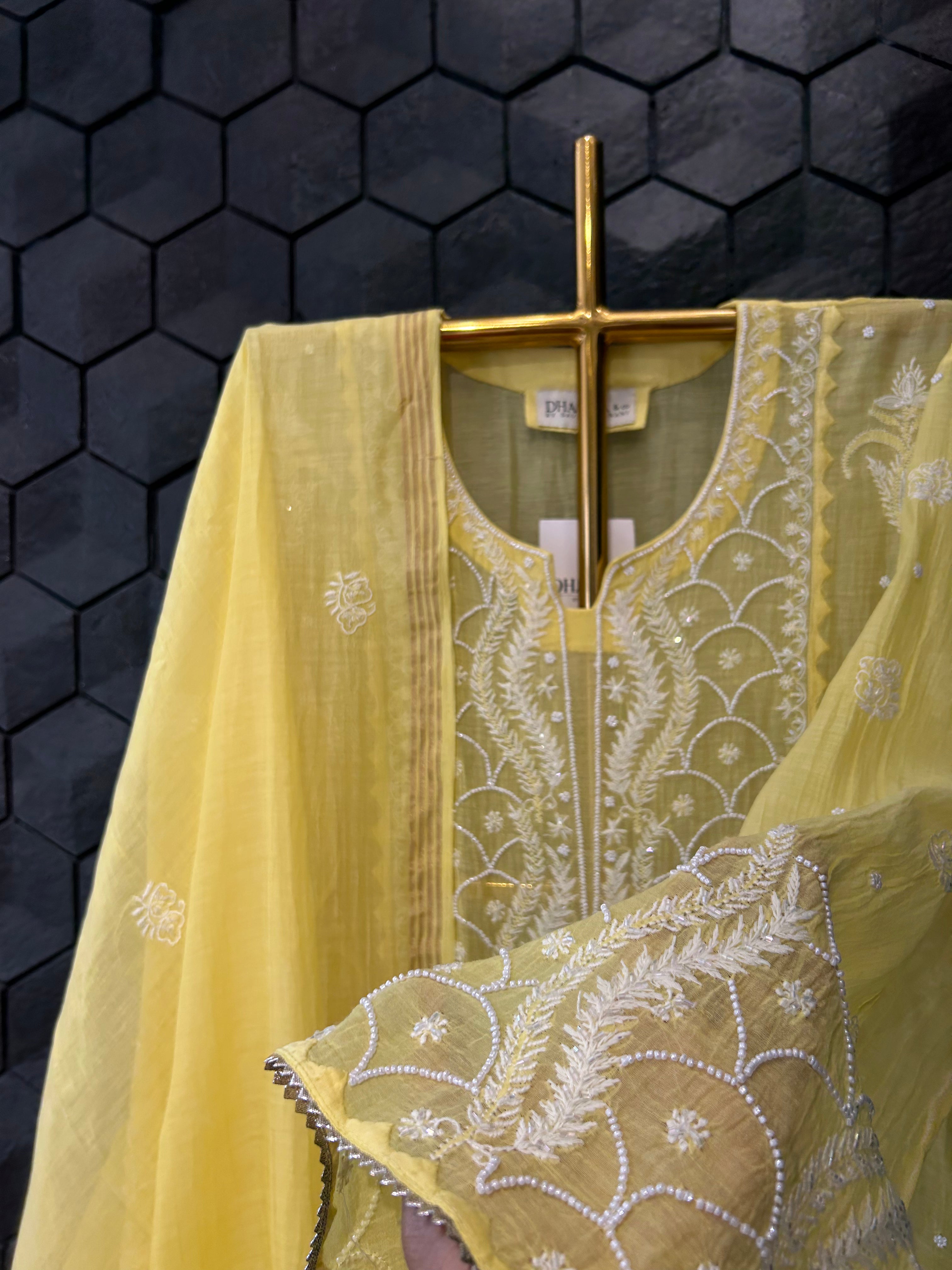 Yellow mul chanderi chikankari kurta set
