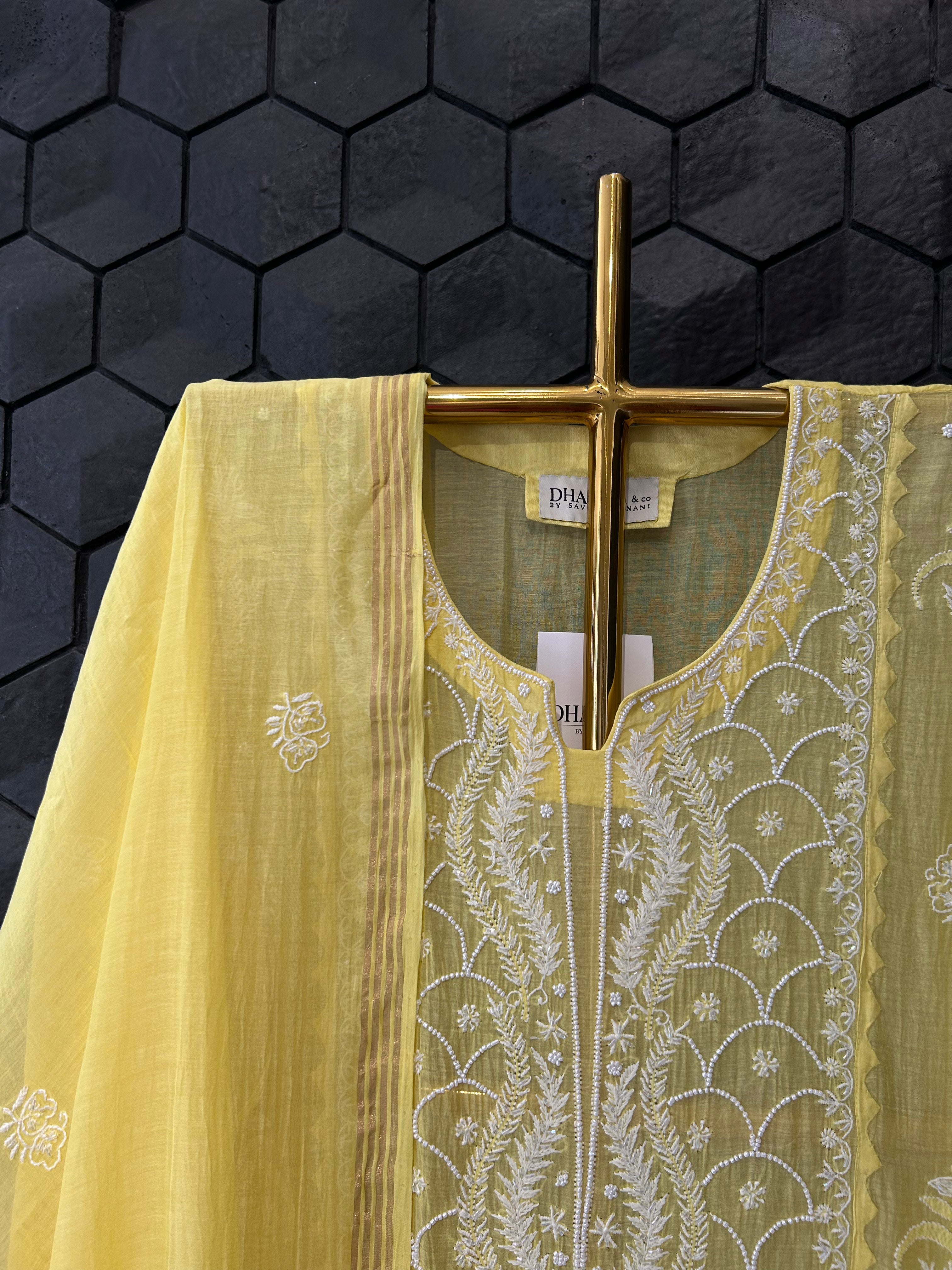 Yellow mul chanderi chikankari kurta set