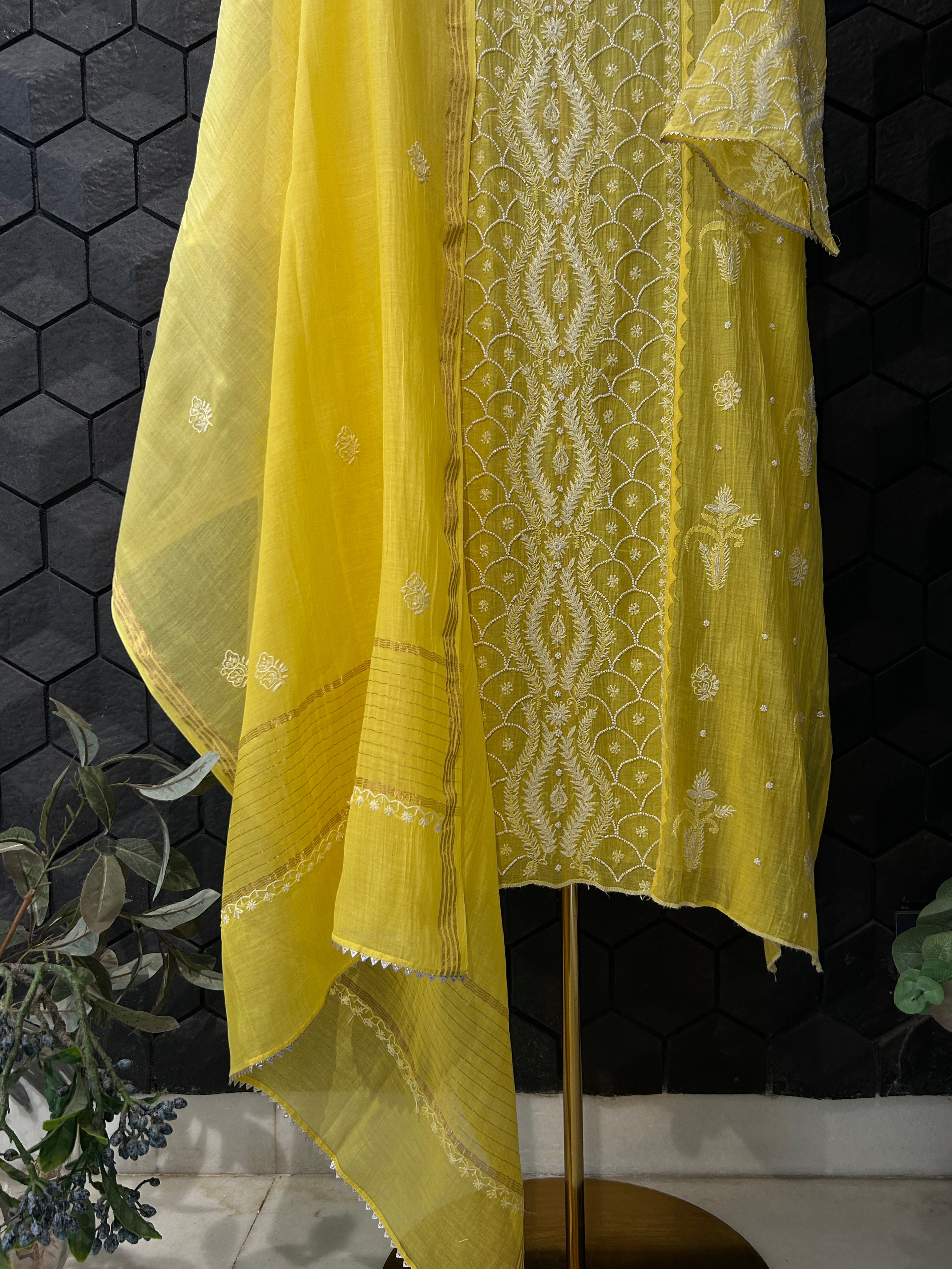 Yellow mul chanderi chikankari kurta set
