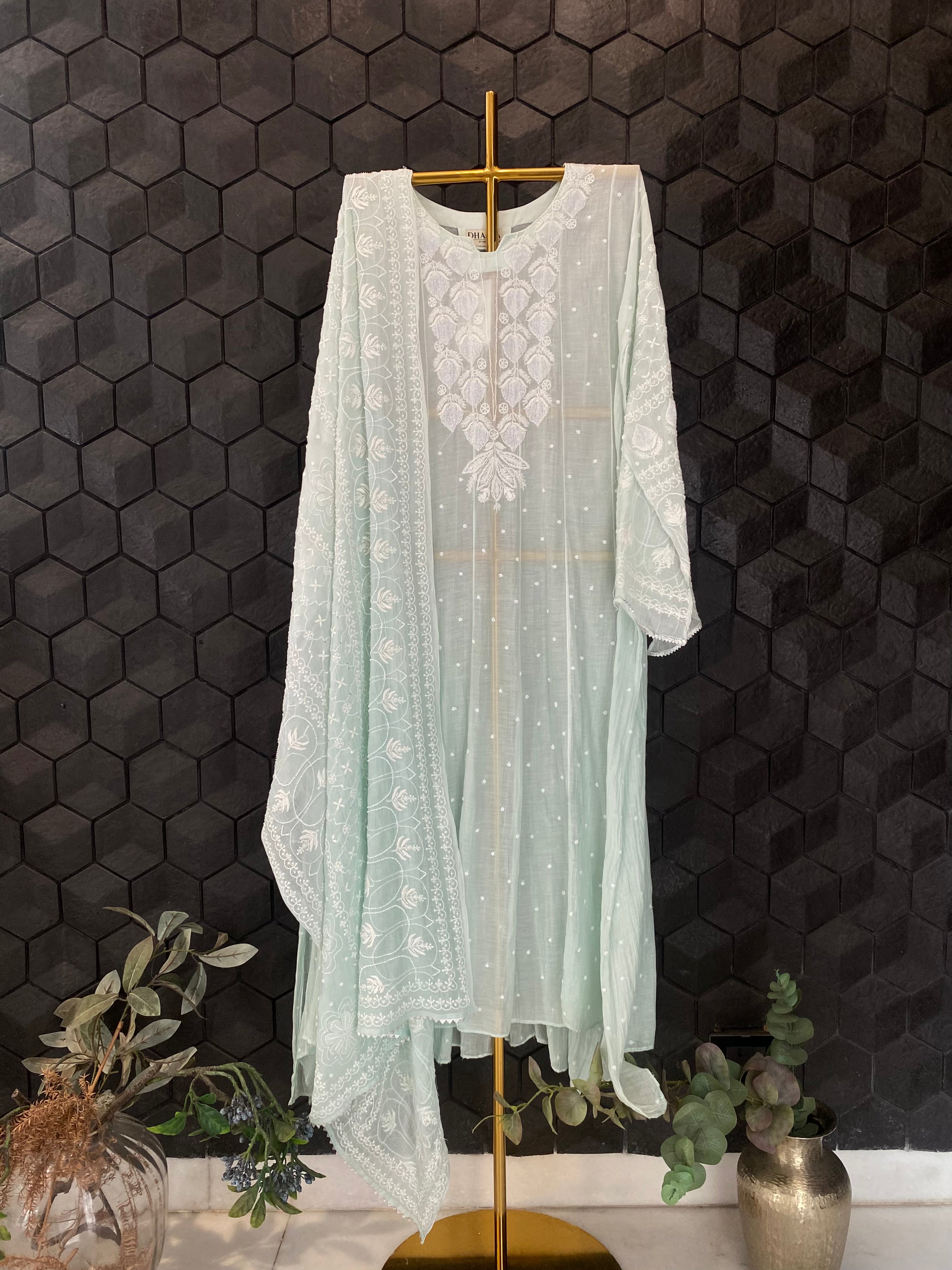 Green Mul Chanderi Chikankari Anarkali Set