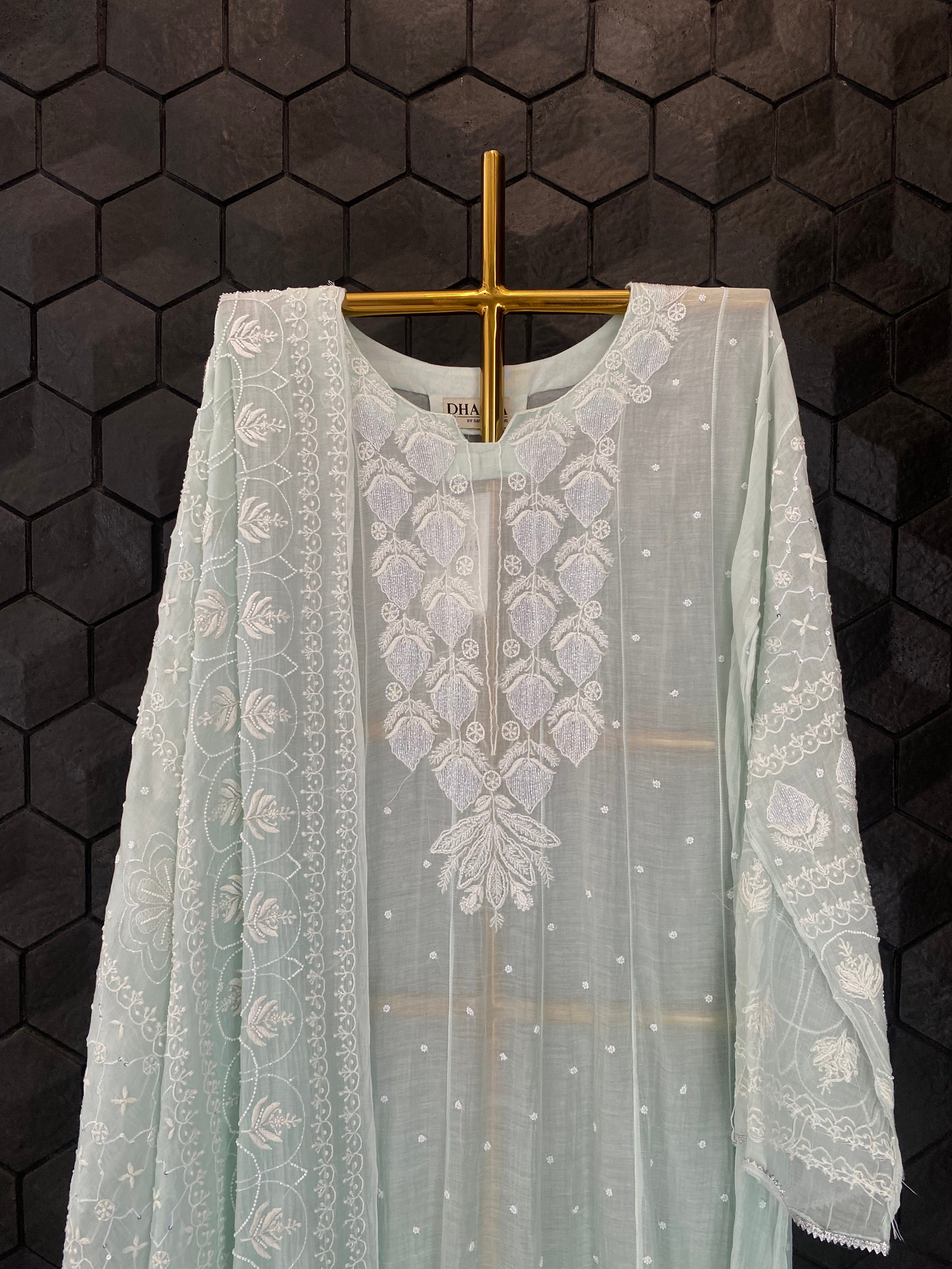 Green Mul Chanderi Chikankari Anarkali Set