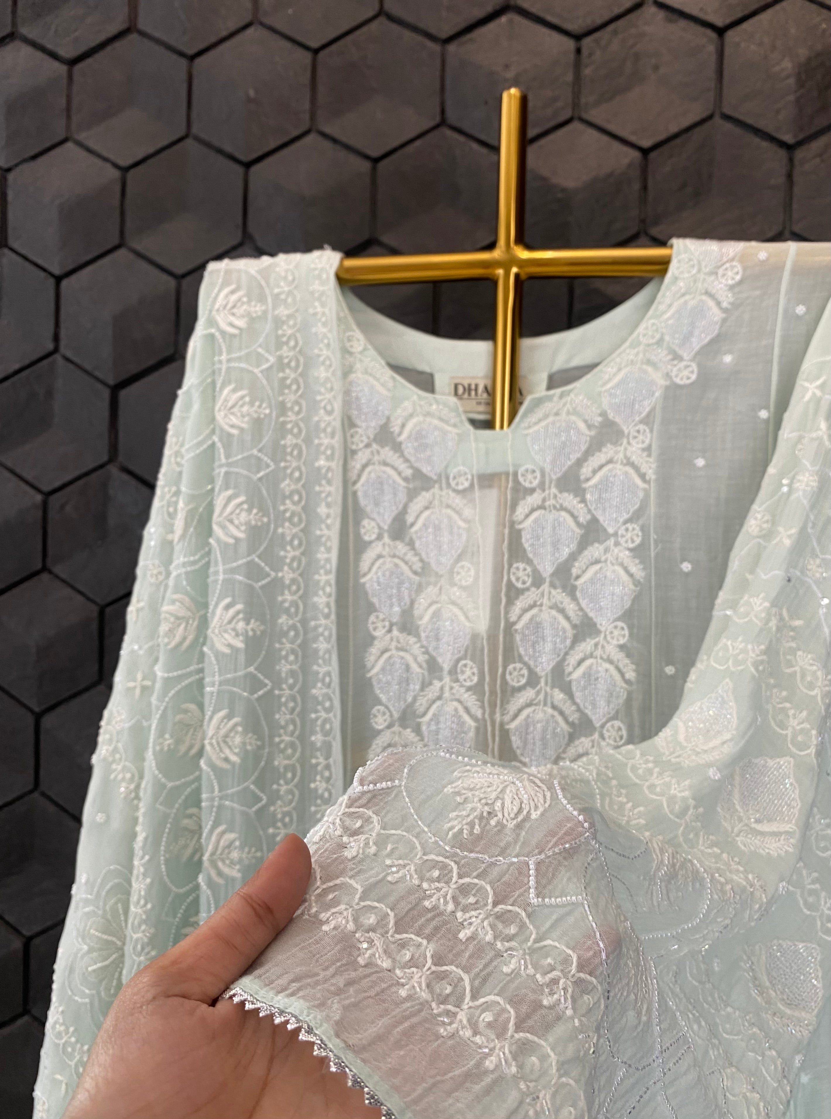 Green Mul Chanderi Chikankari Anarkali Set