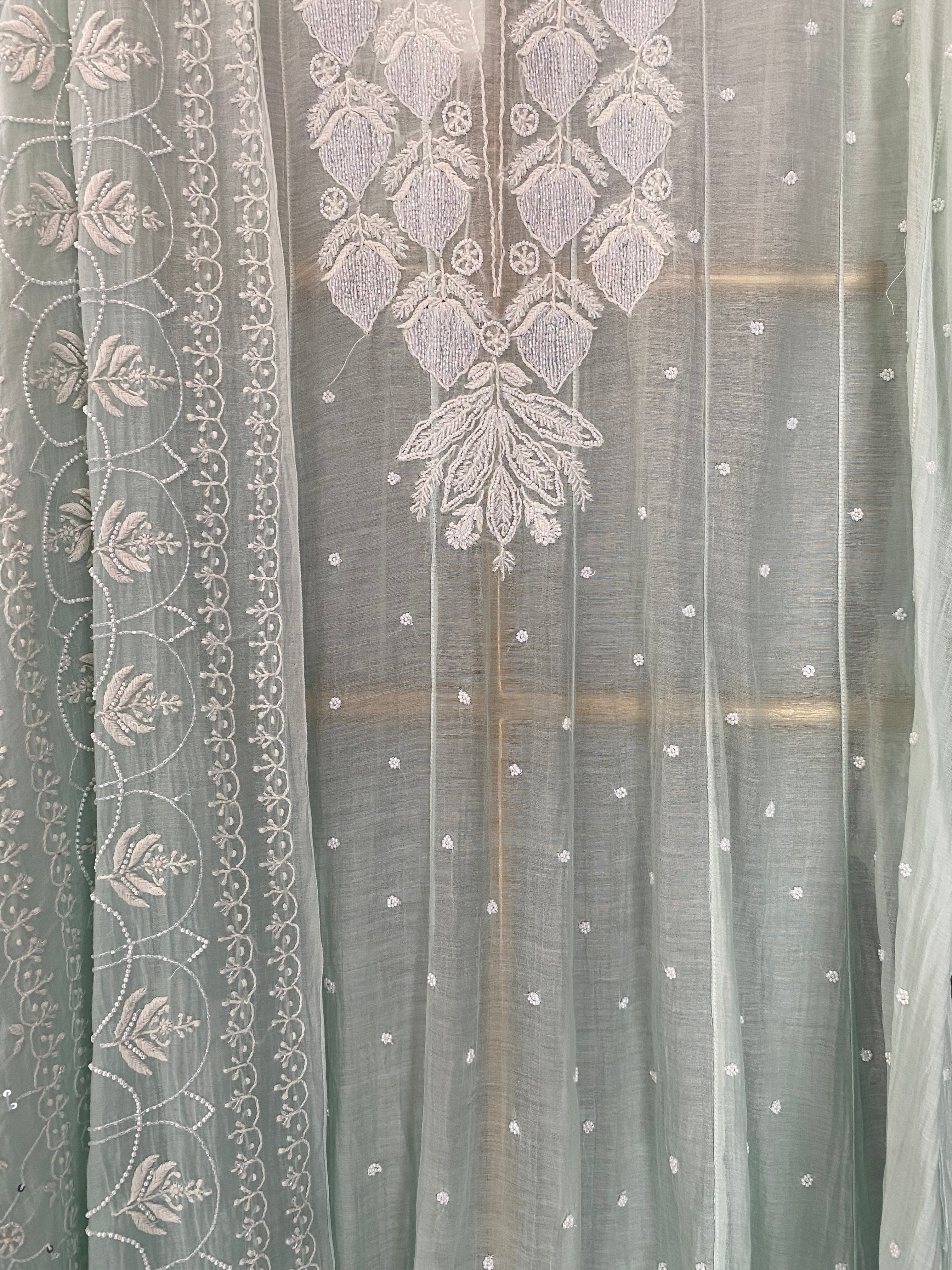 Green Mul Chanderi Chikankari Anarkali Set