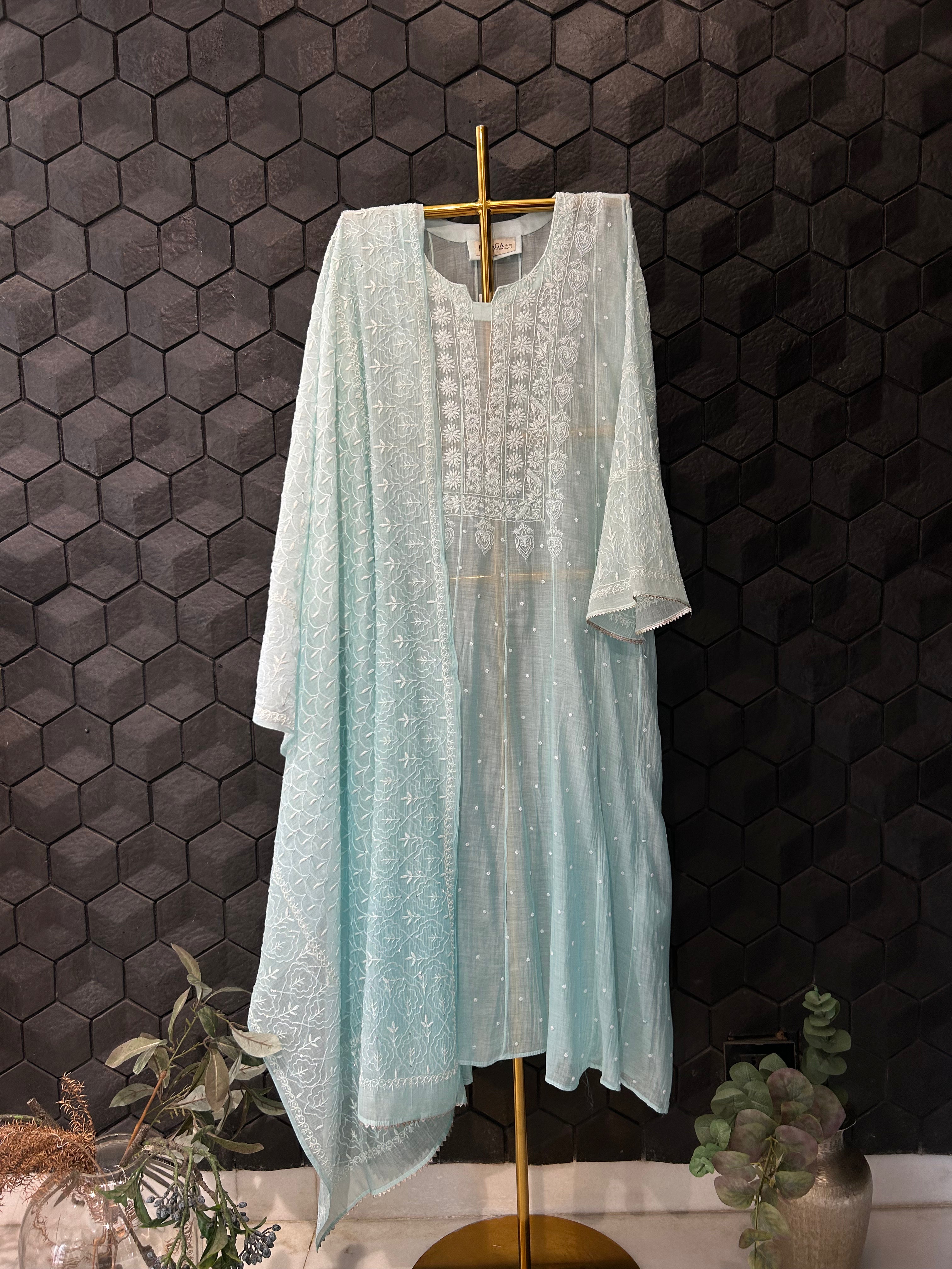 Blue mul chanderi chikankari anarkali set