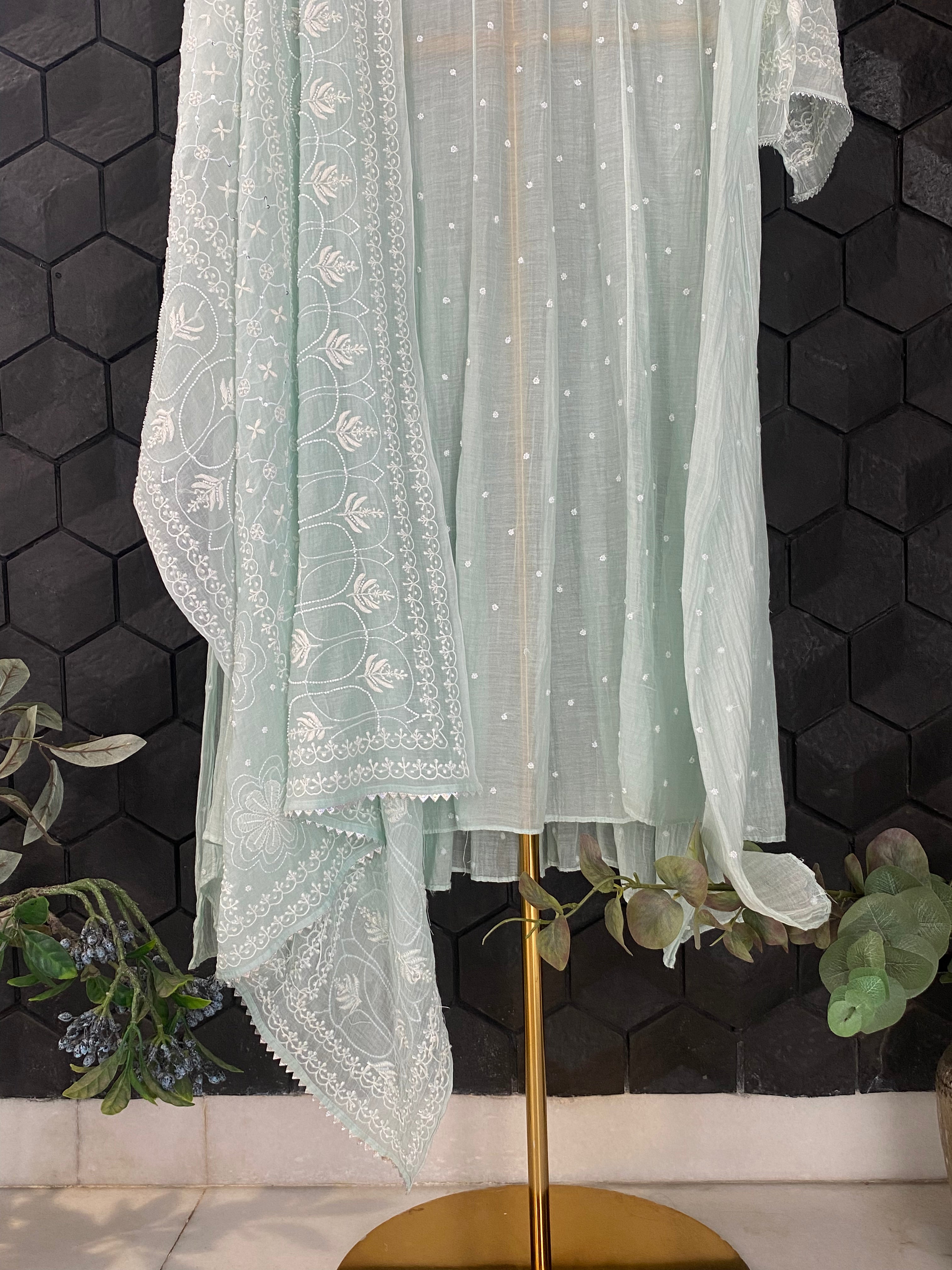 Green Mul Chanderi Chikankari Anarkali Set