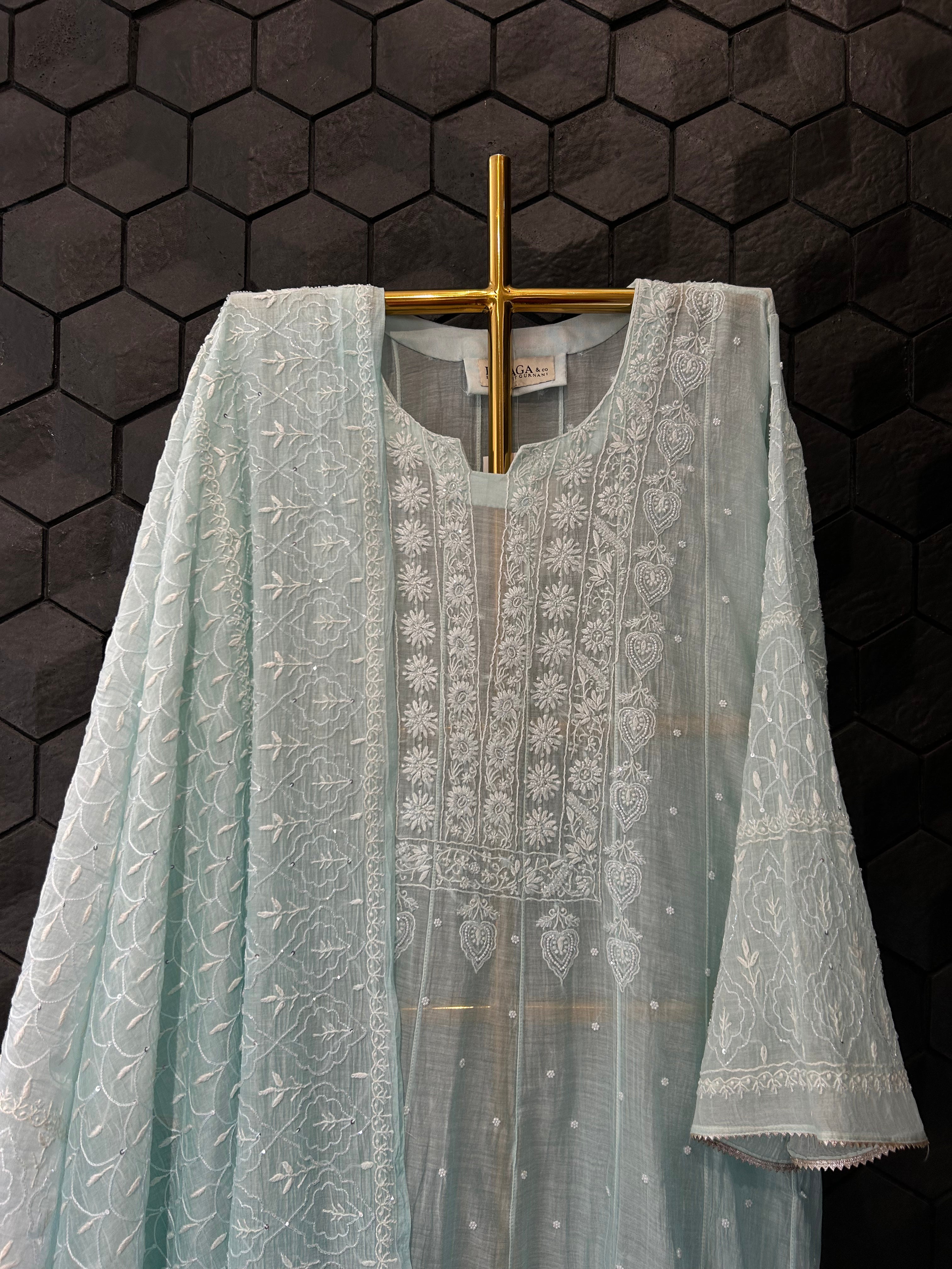 Blue mul chanderi chikankari anarkali set