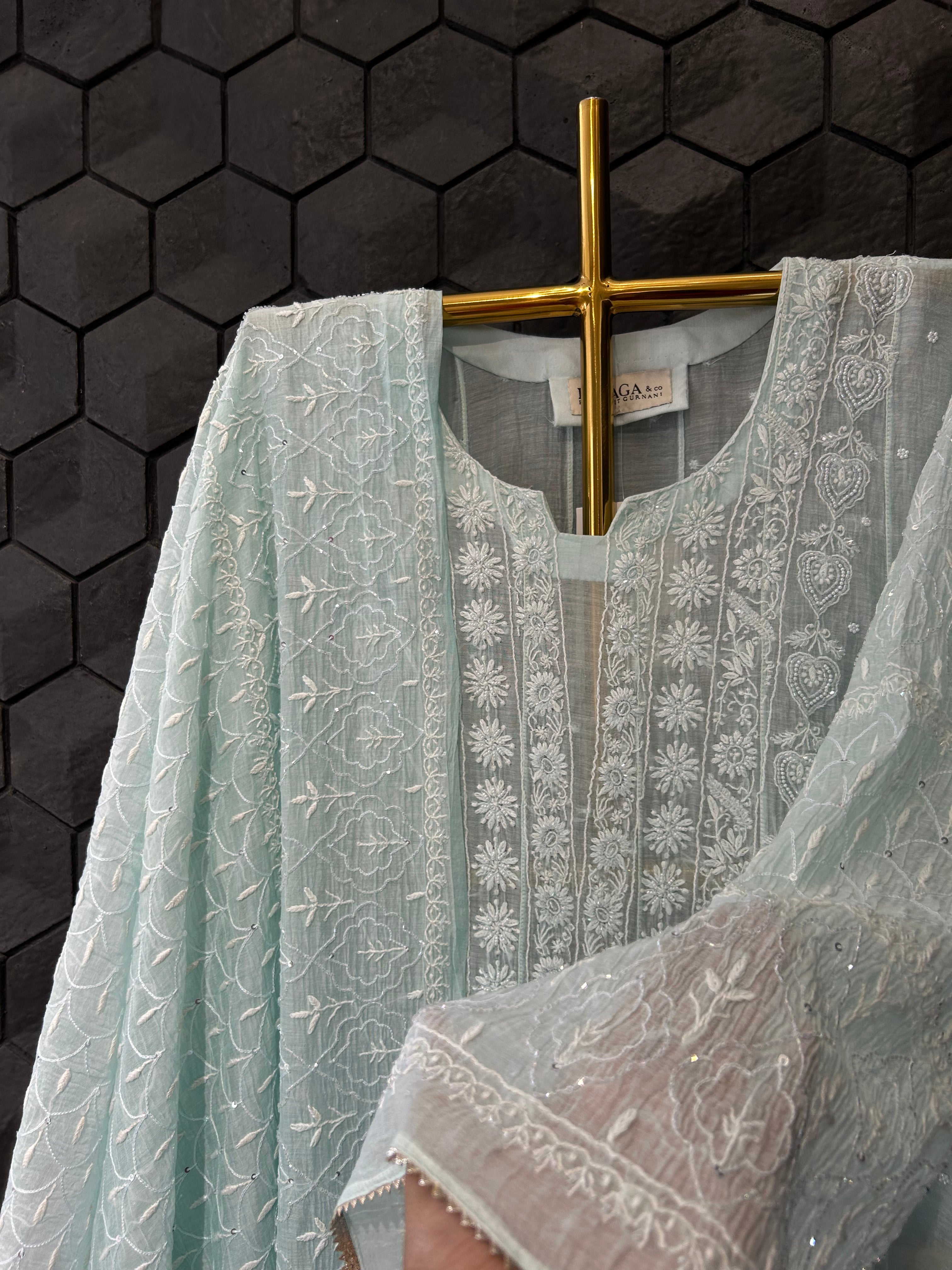 Blue mul chanderi chikankari anarkali set