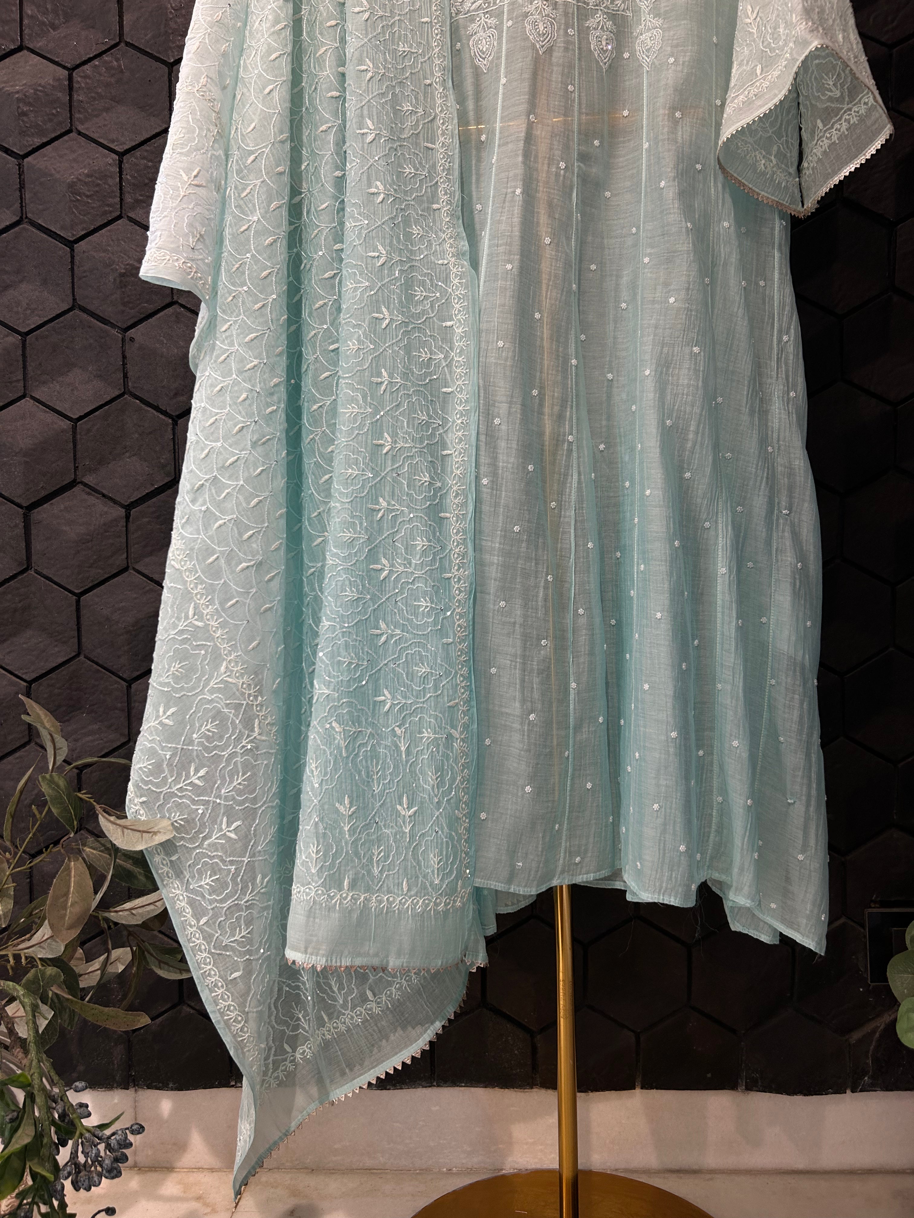 Blue mul chanderi chikankari anarkali set