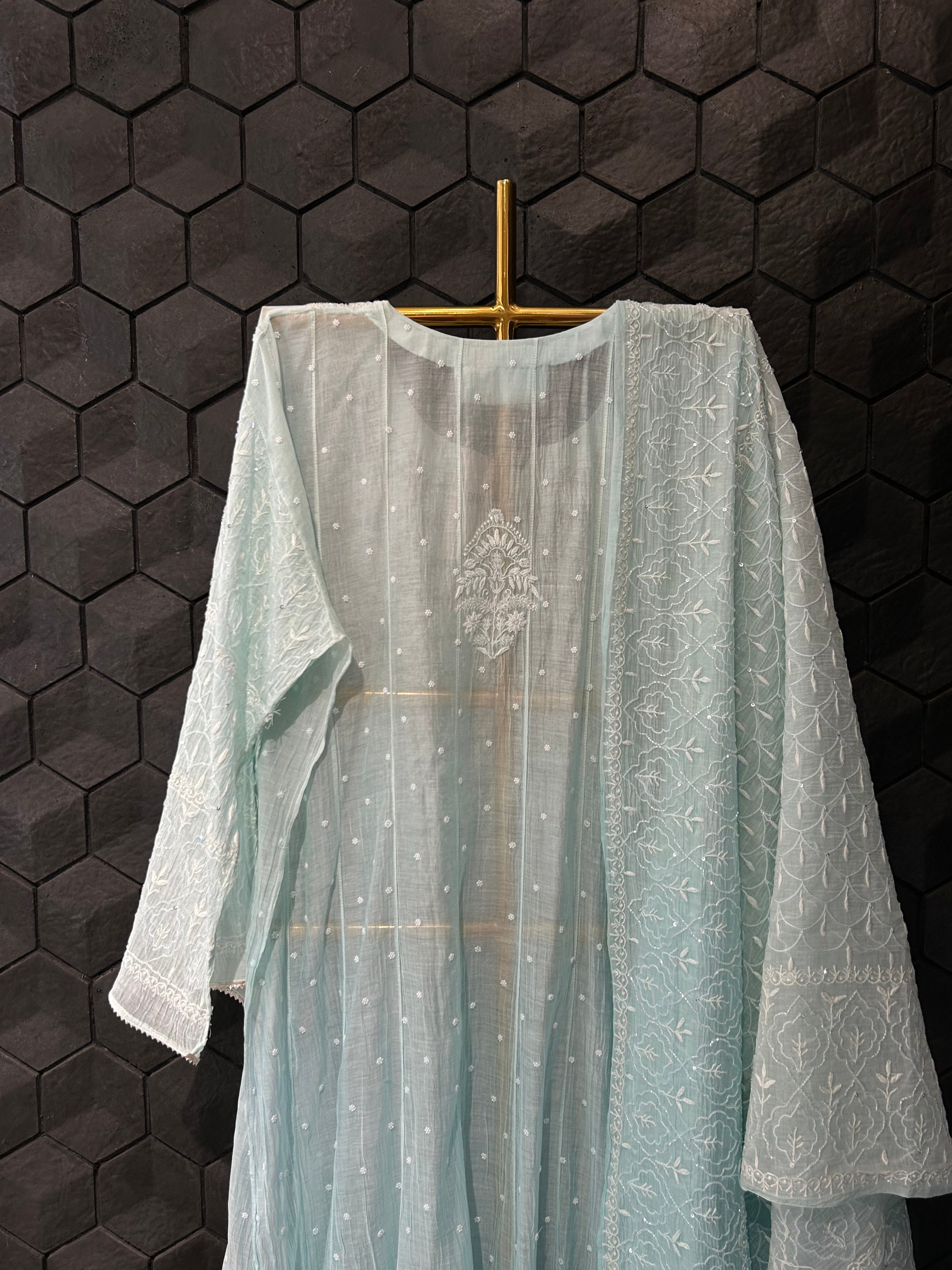 Blue mul chanderi chikankari anarkali set