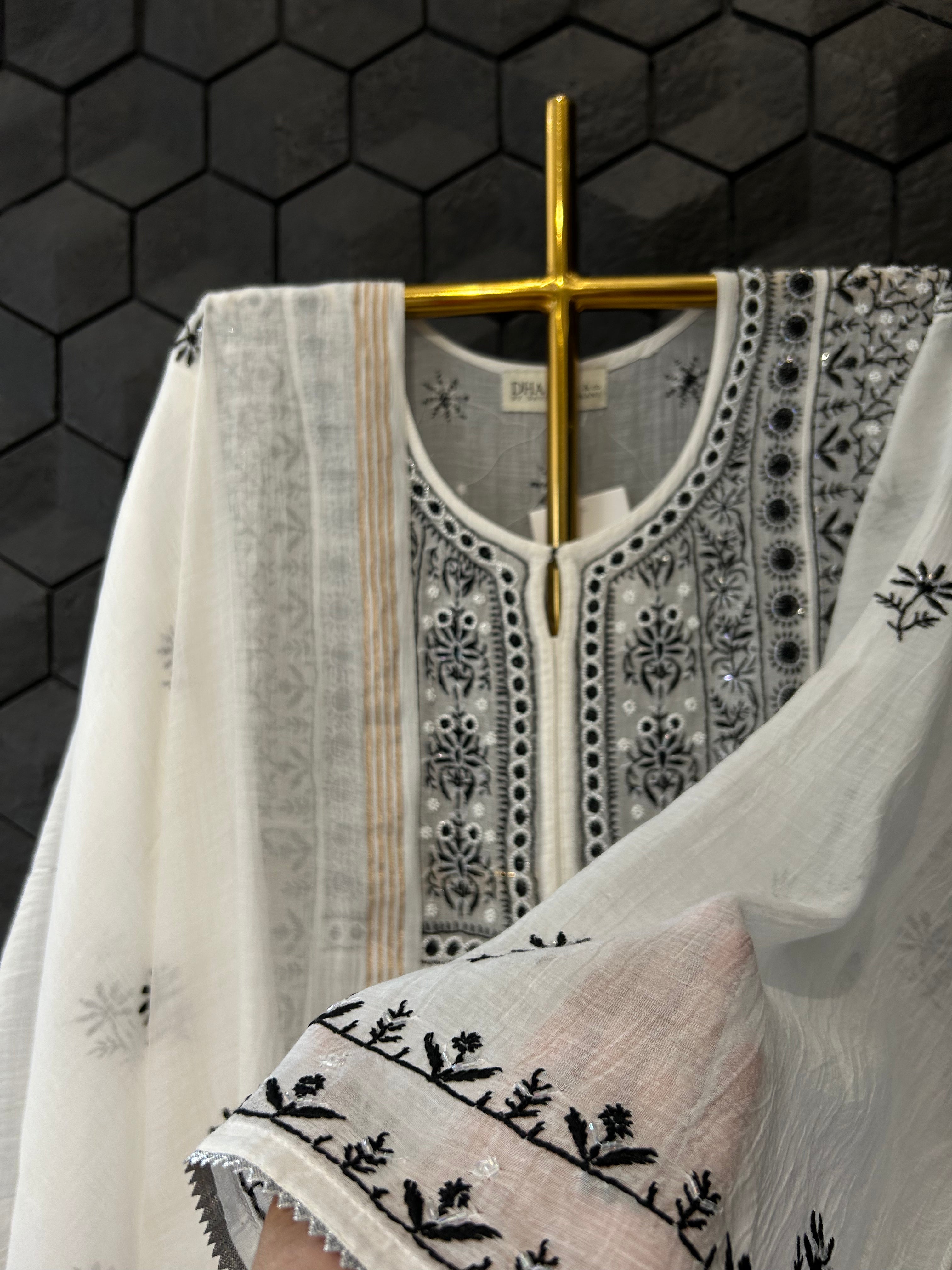 white mul chanderi chikankari kurta set