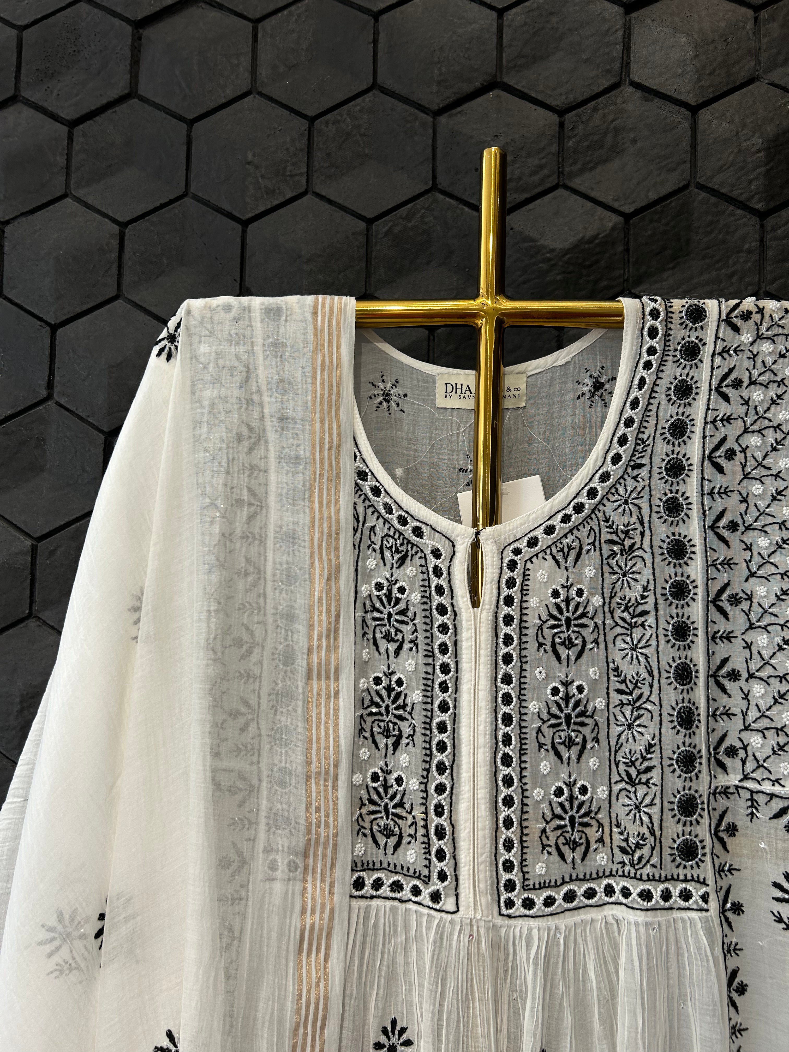 white mul chanderi chikankari kurta set