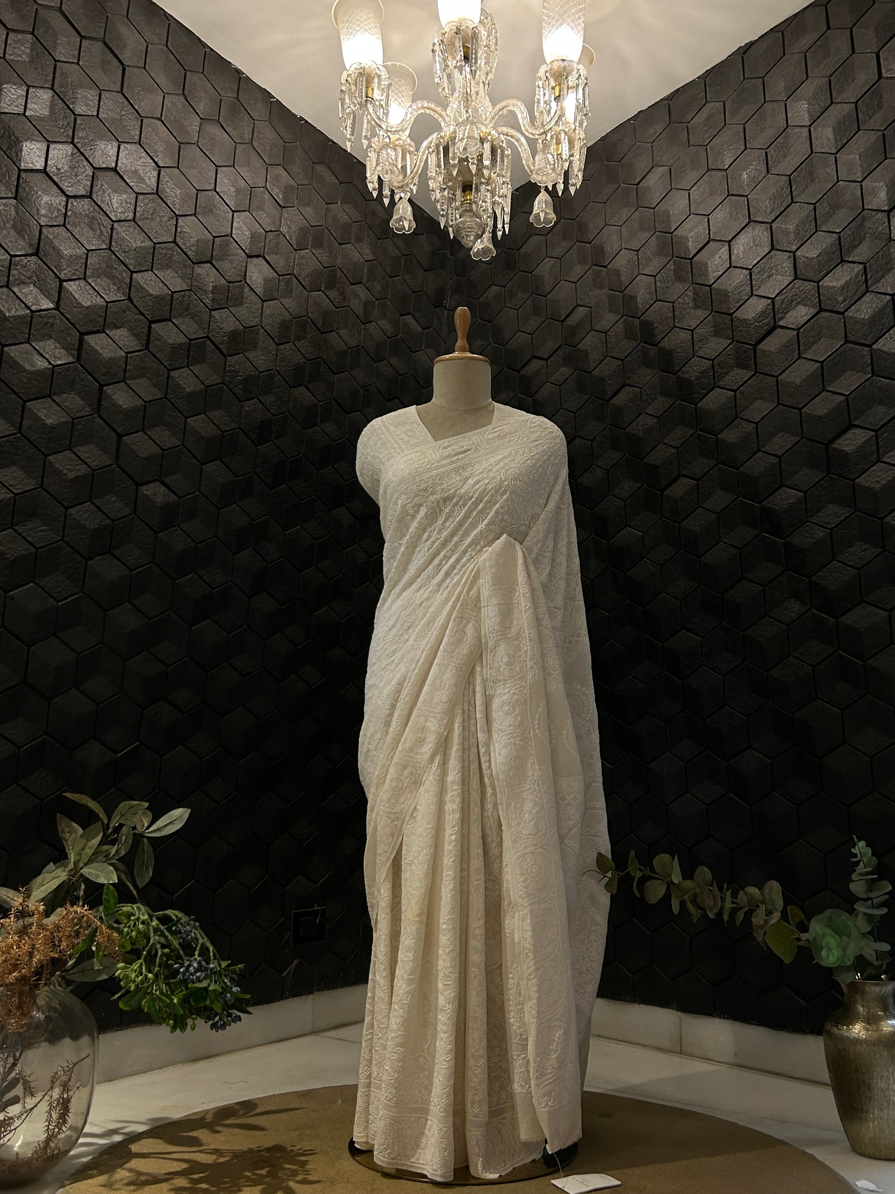 White Georgette Chikankari Saree