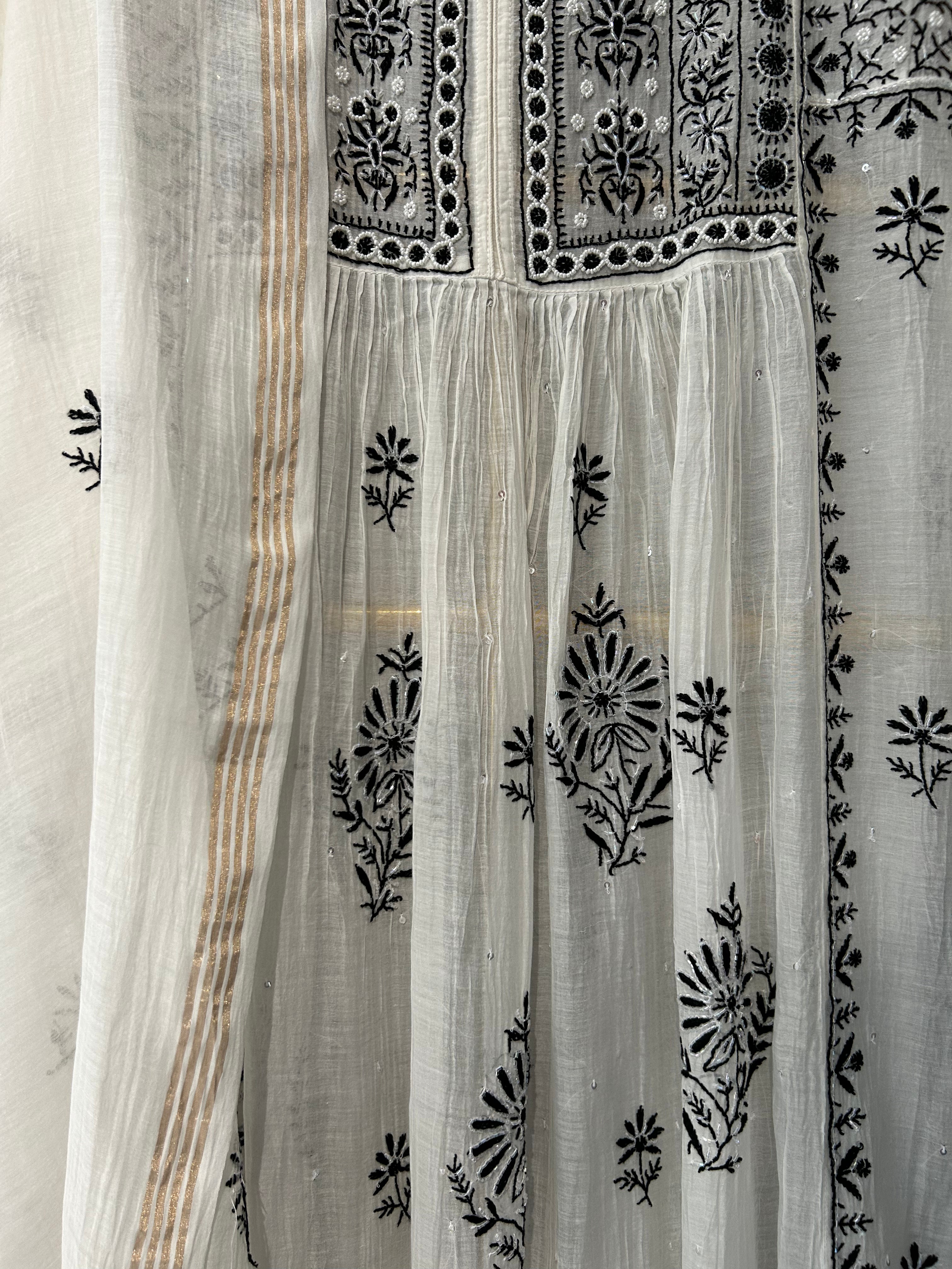 white mul chanderi chikankari kurta set