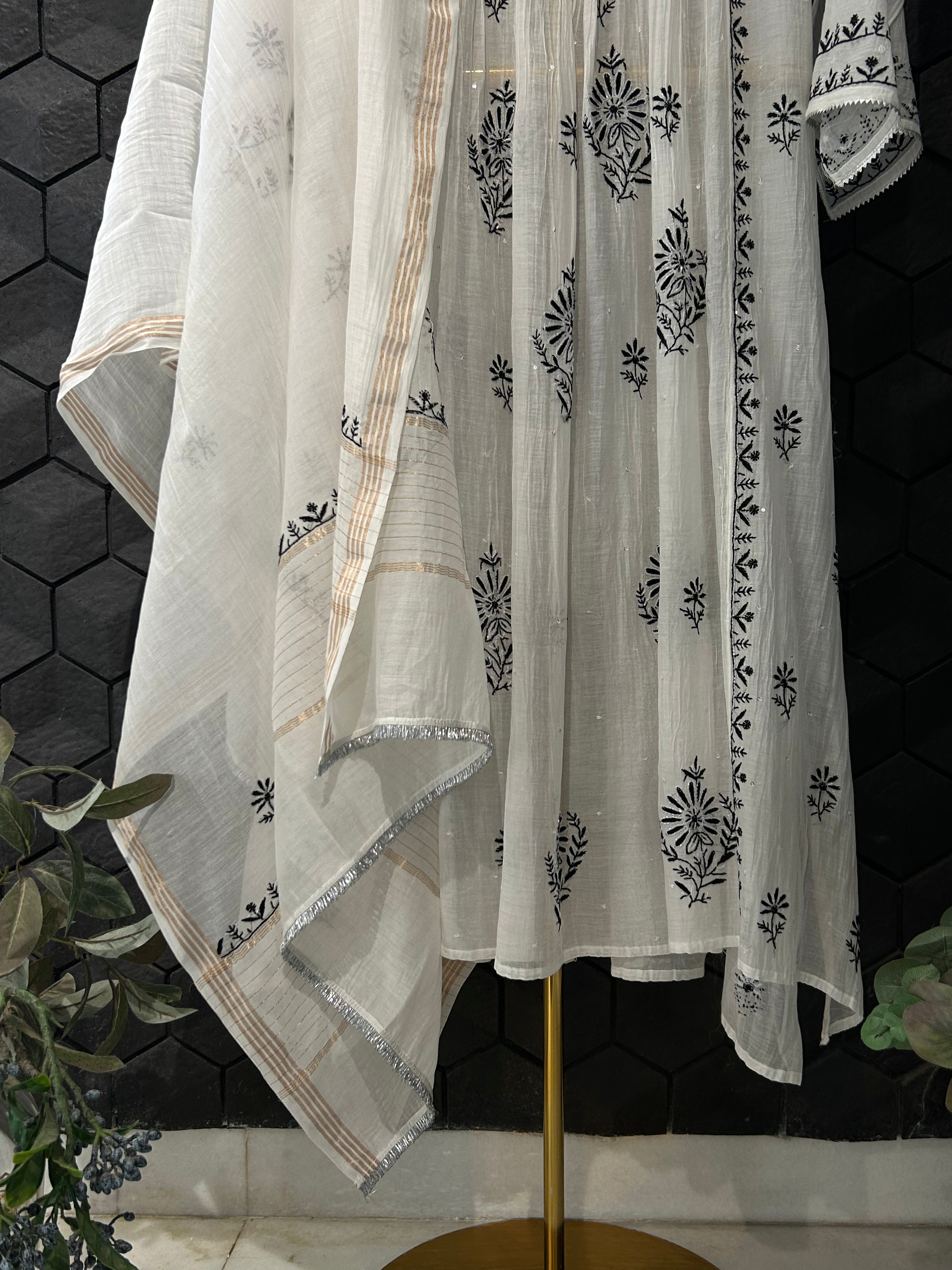 white mul chanderi chikankari kurta set