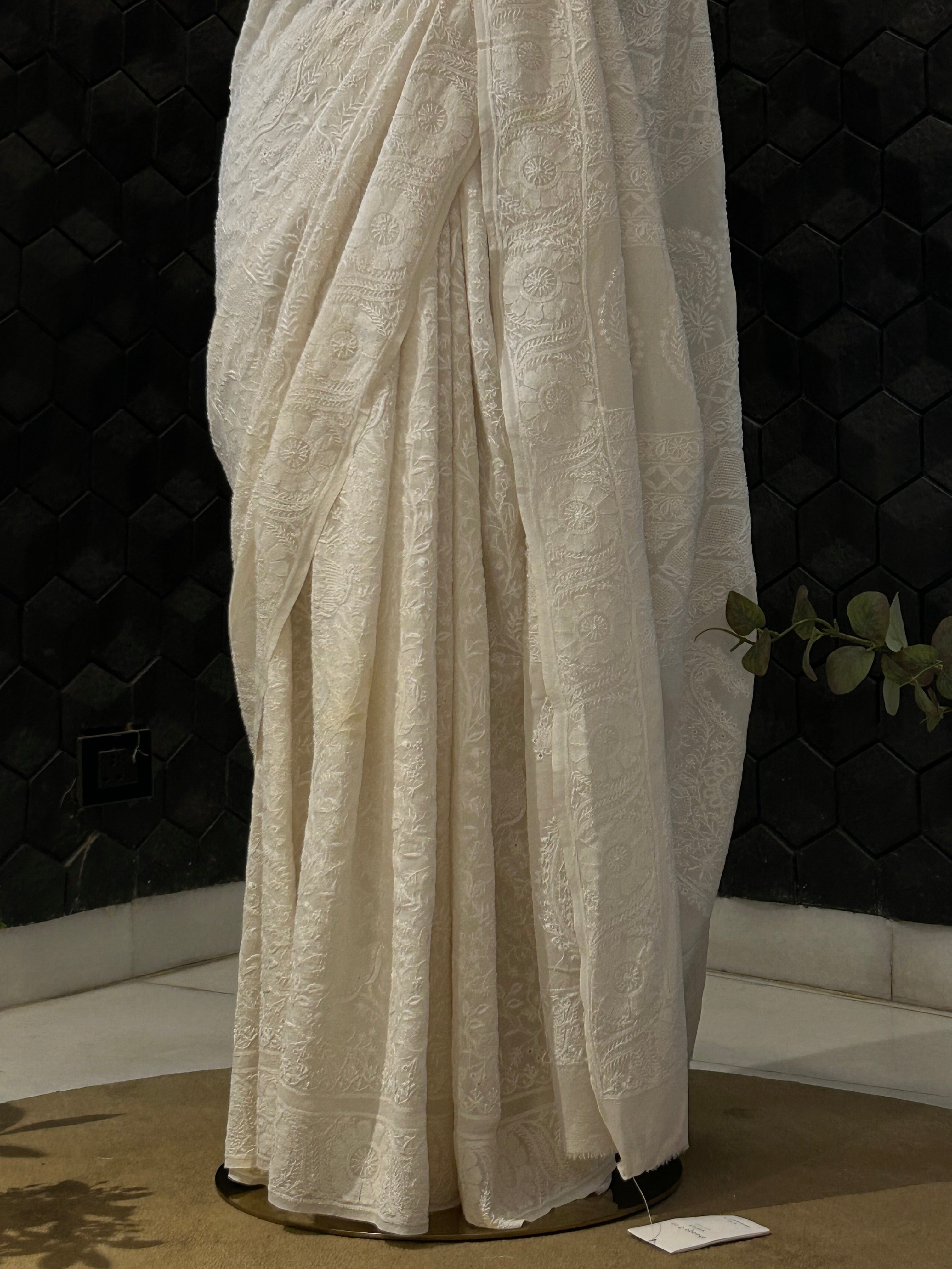 White Georgette Chikankari Saree