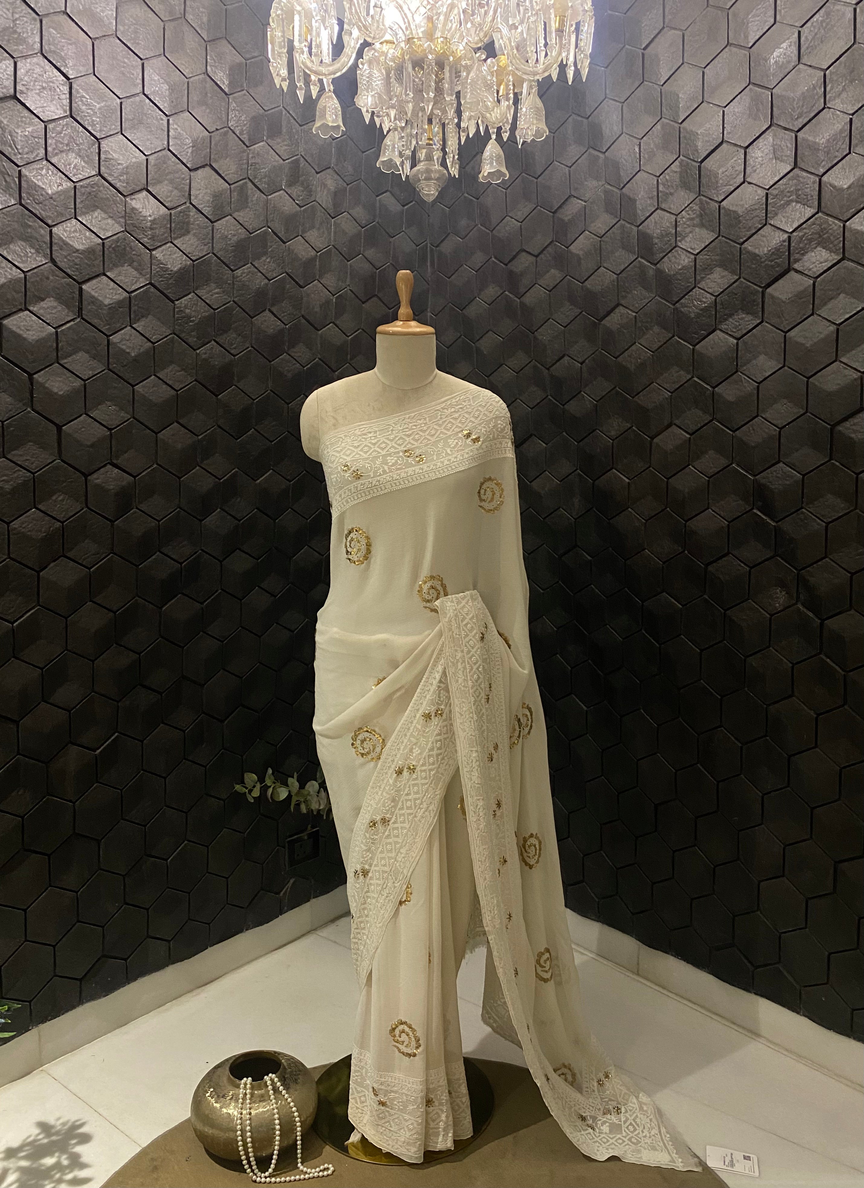 Premium White Chiffon Chikankari Saree with statement Pitta Embroidery And  Haath ki Jaali