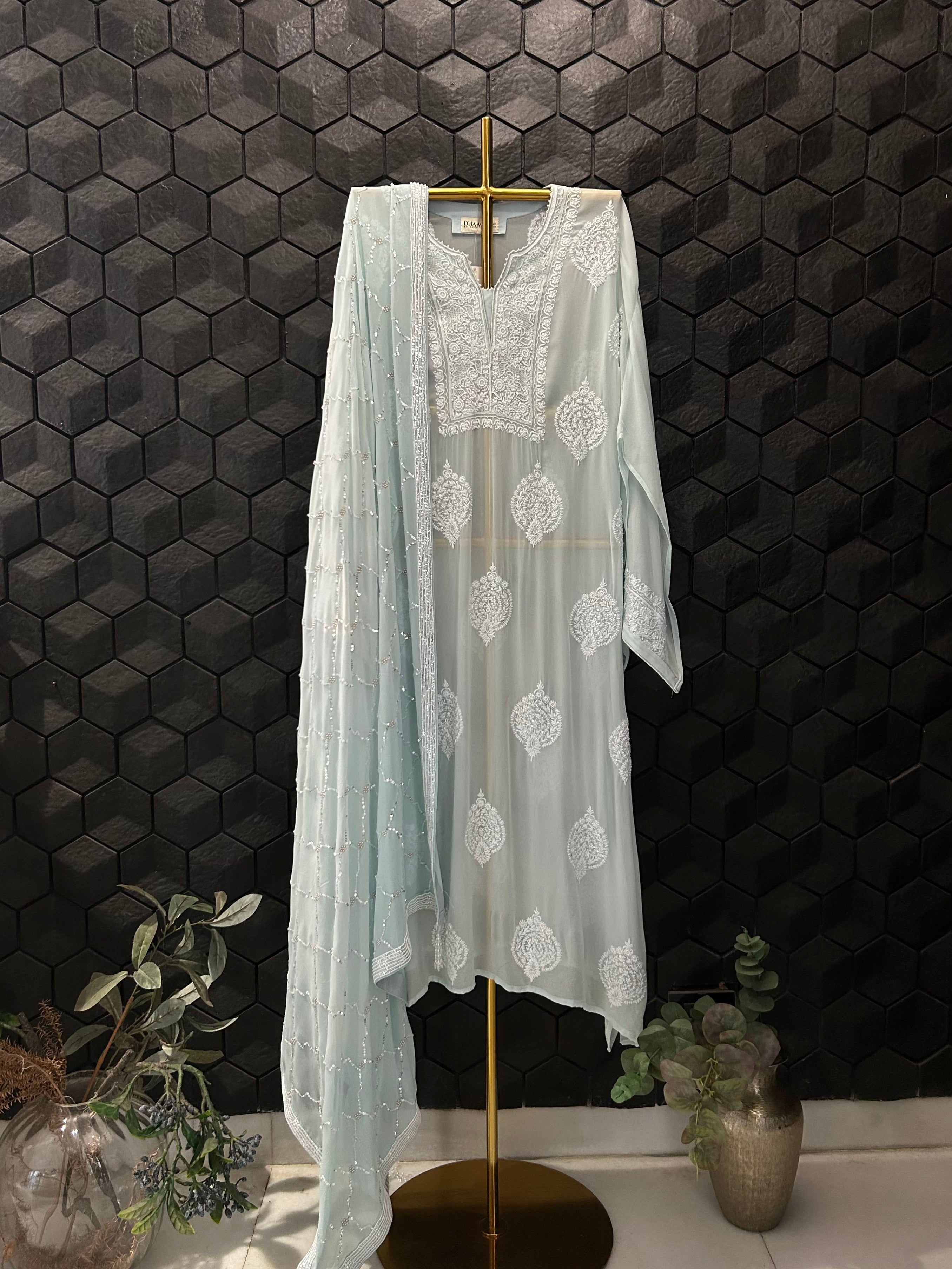 Blue Georgette Chikankari Kurta Set