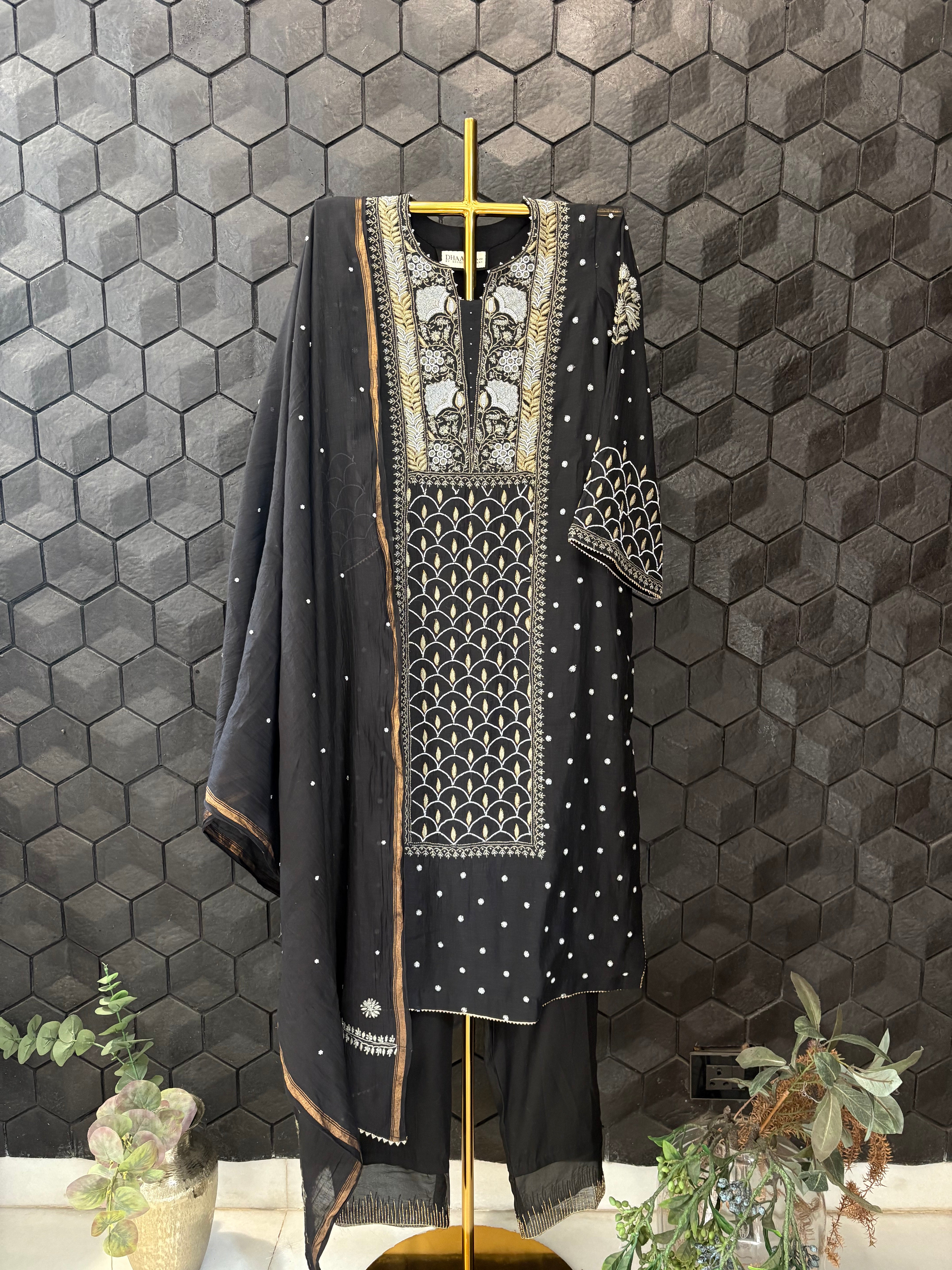 Black Mul Chanderi Chikankari Suit Set