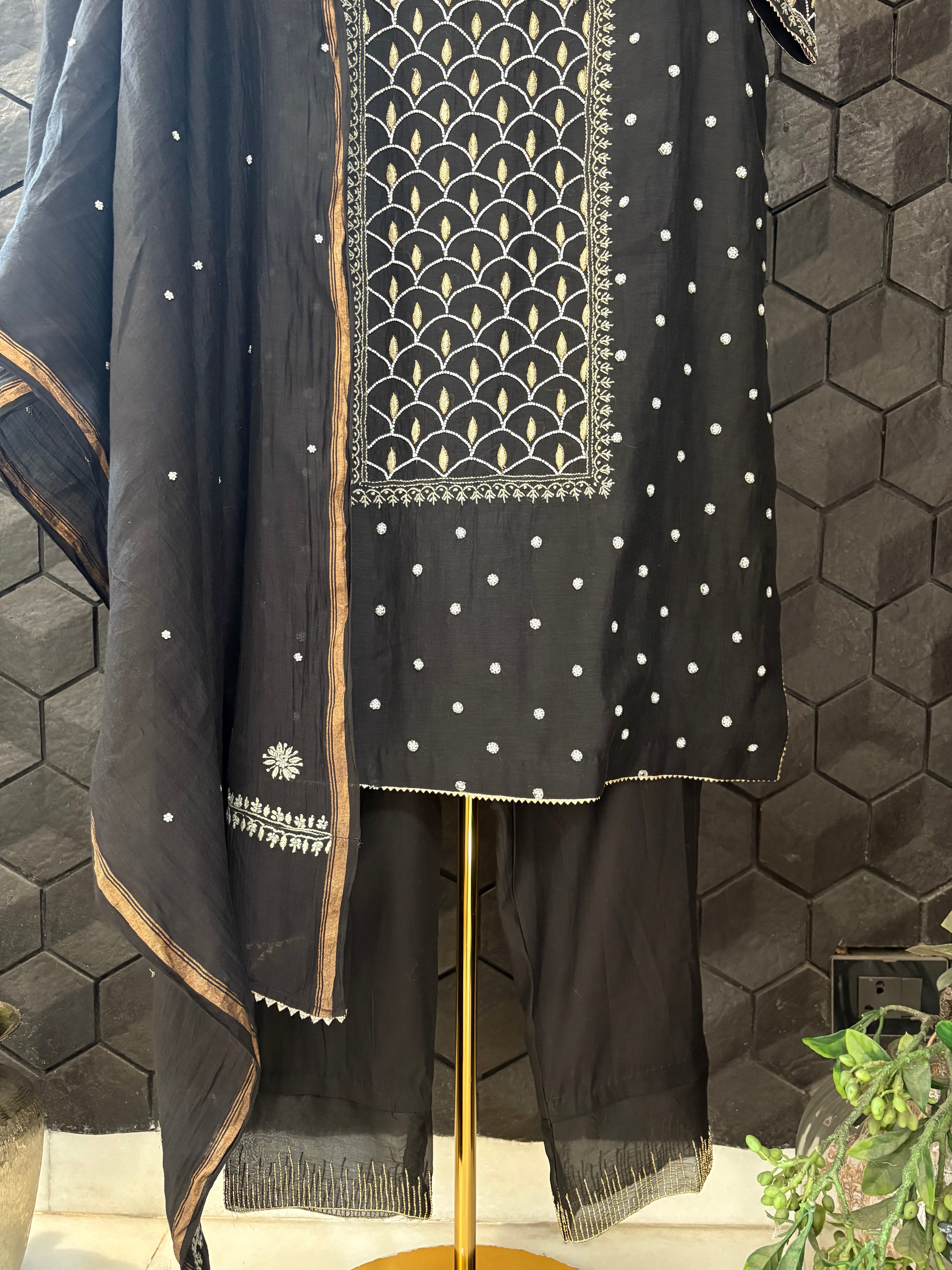 Black Mul Chanderi Chikankari Suit Set