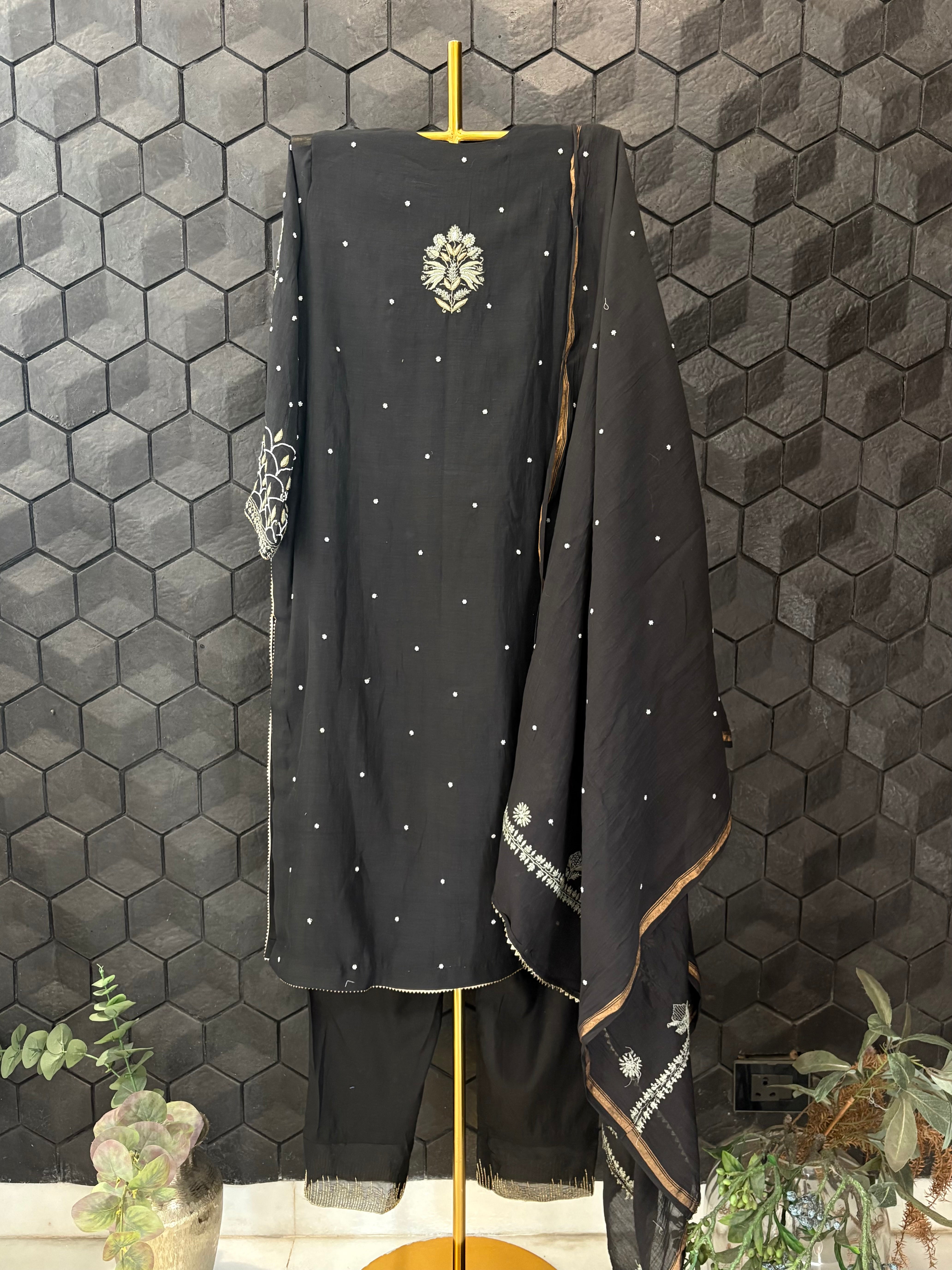 Black Mul Chanderi Chikankari Suit Set