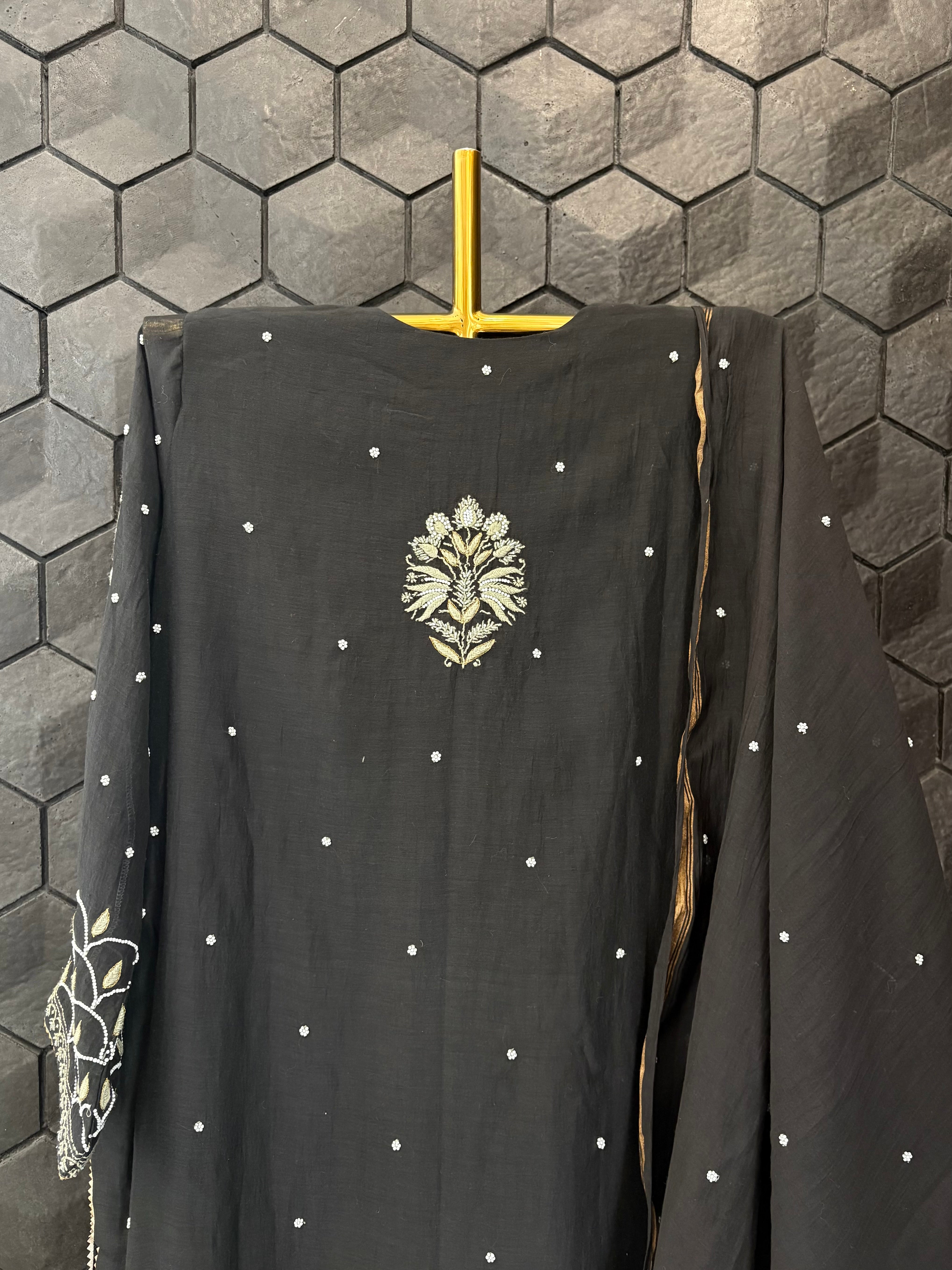 Black Mul Chanderi Chikankari Suit Set