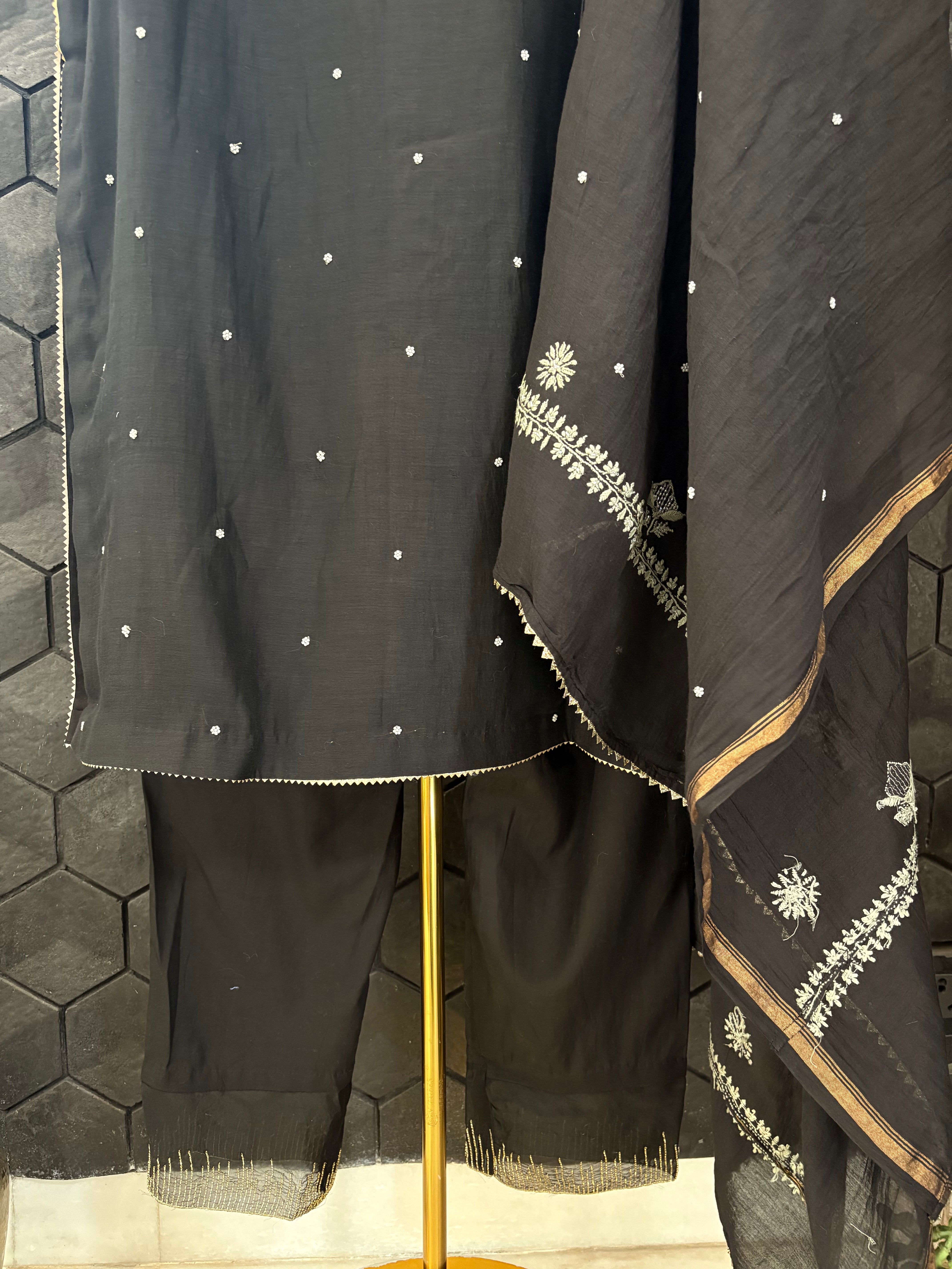 Black Mul Chanderi Chikankari Suit Set