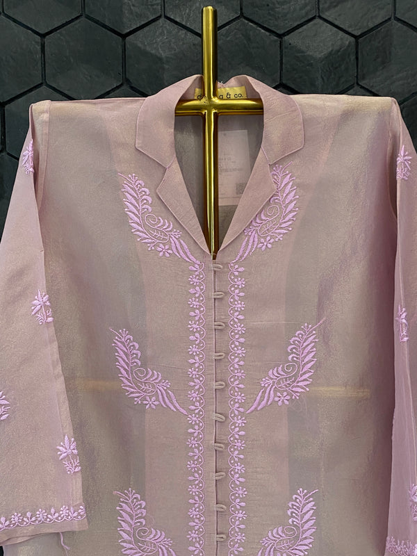 Pink Tissue Chikankari Collar Shirt