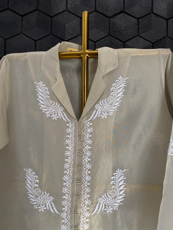 Golden Tissue Chikankari Collar Shirt