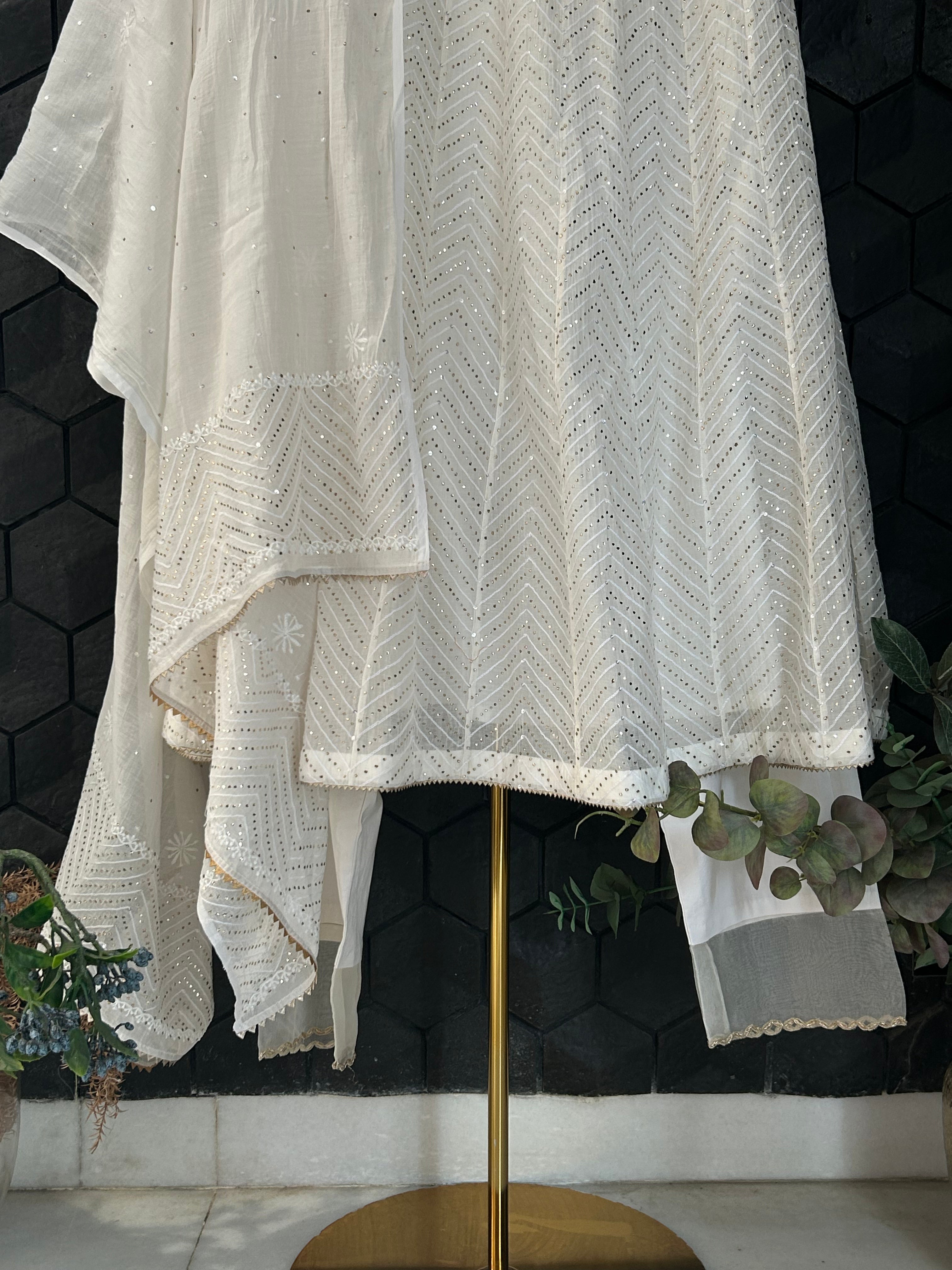 White Mul Chanderi Chikankari  Mukaish Anarkali Set