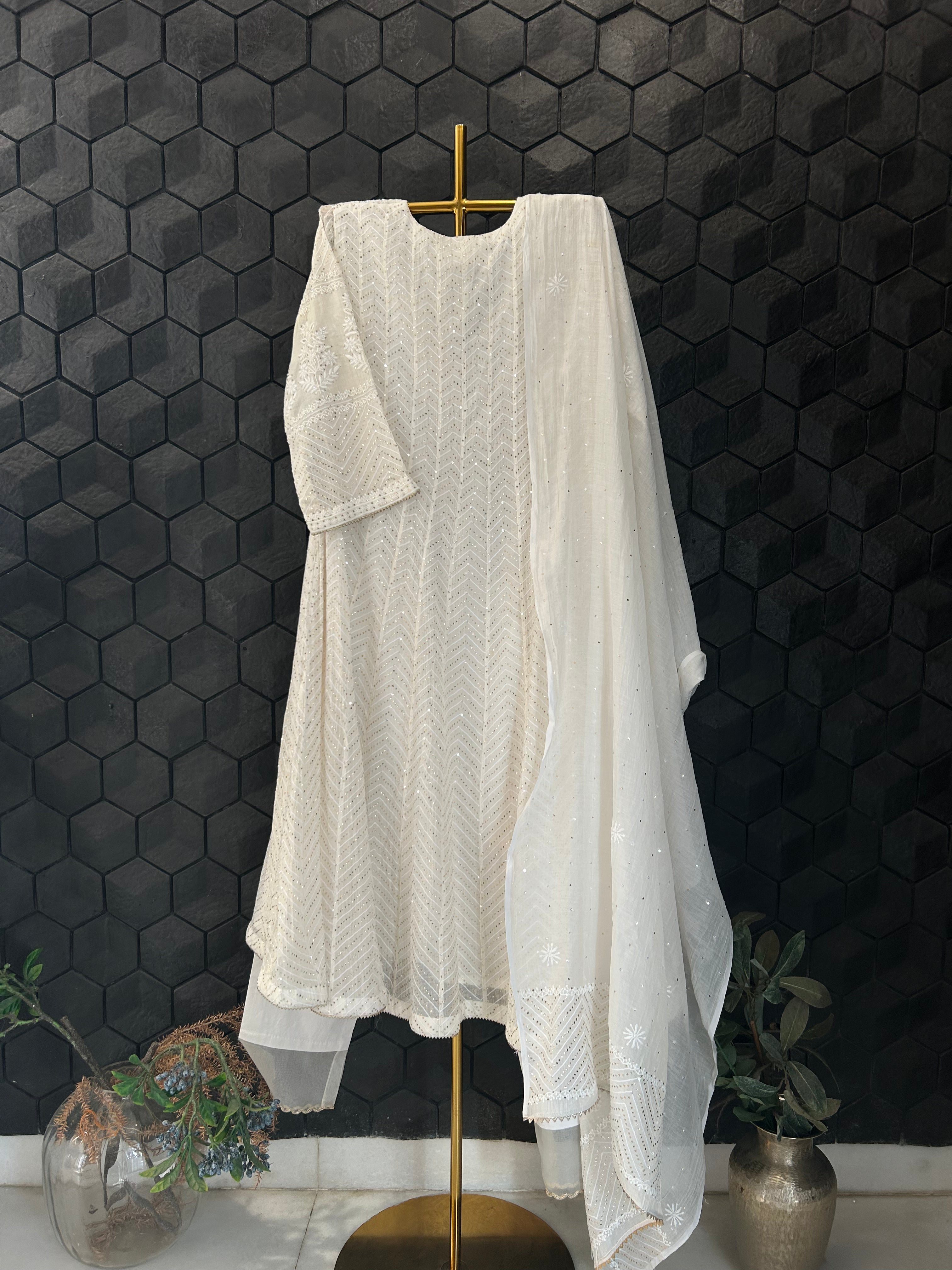 White Mul Chanderi Chikankari  Mukaish Anarkali Set