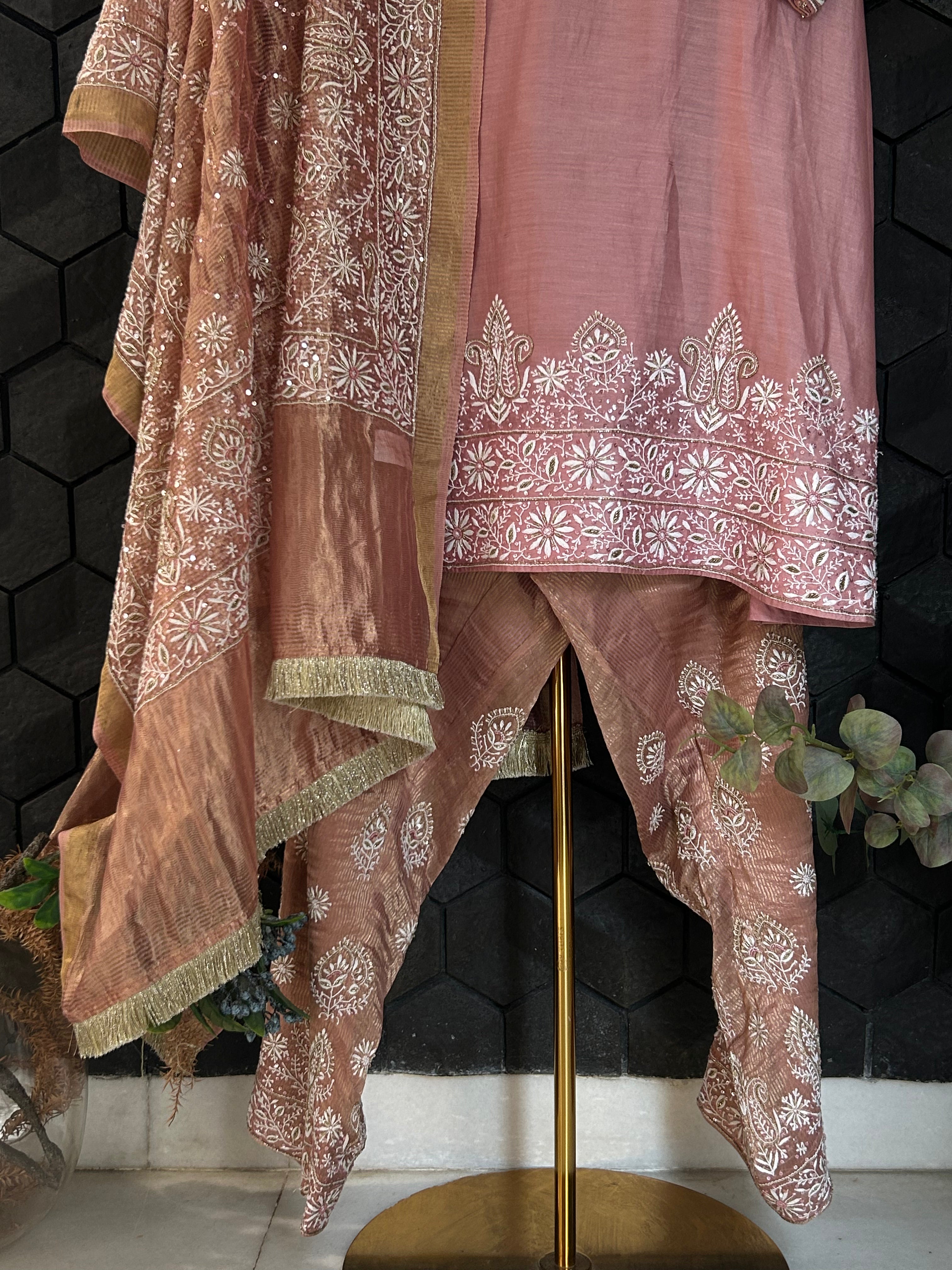 Pink Chanderi Chikankari Anarkali Set