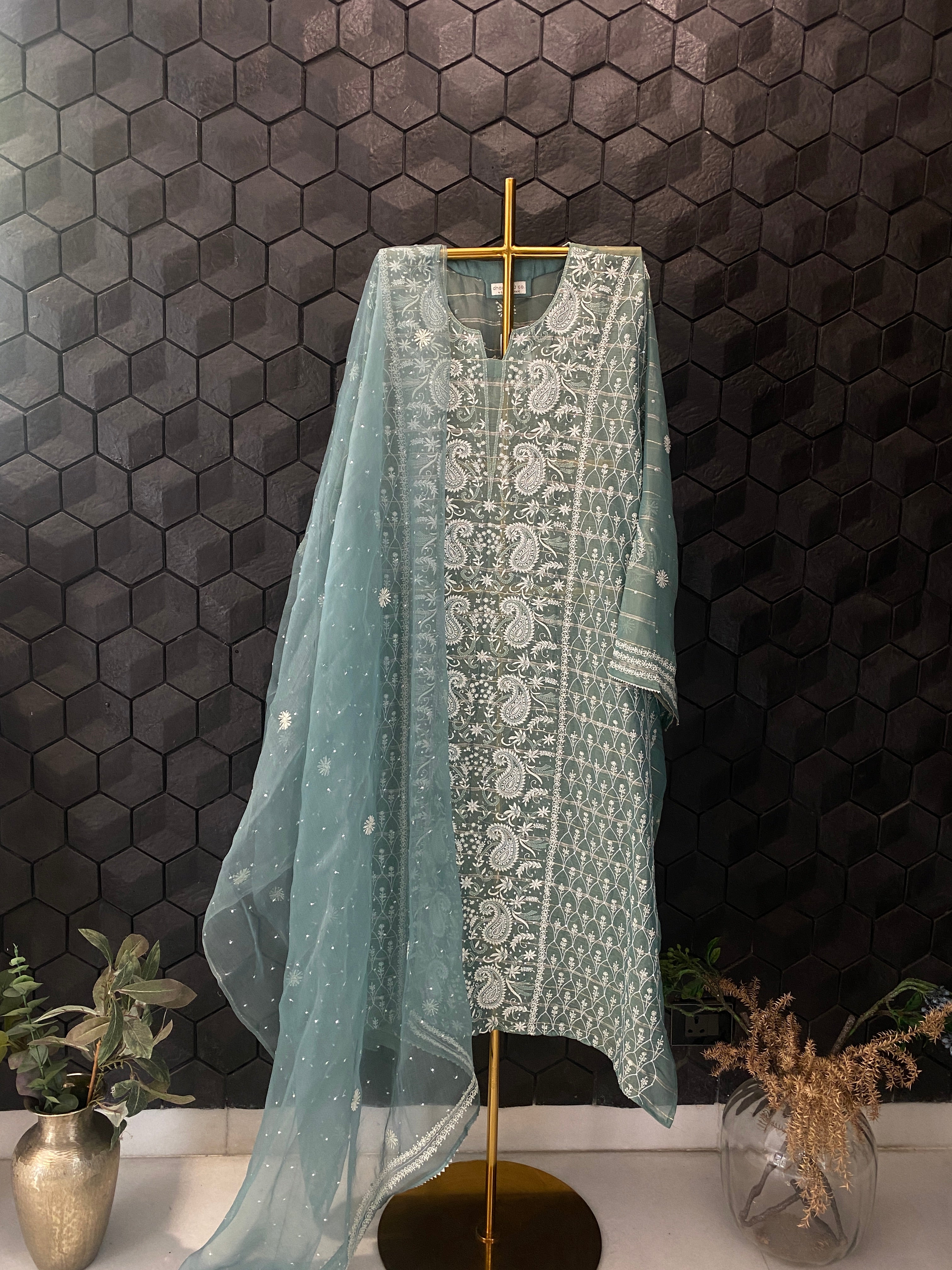 Sage Green Organza Chikankari Suit